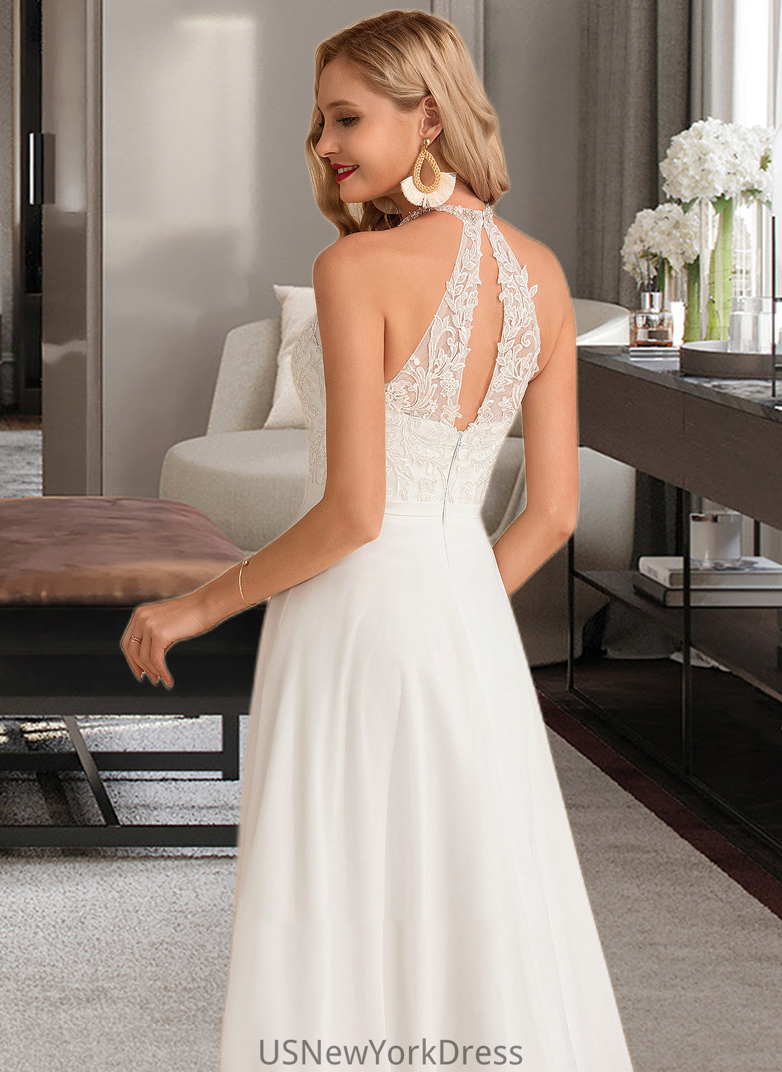 Ariana A-Line High Neck Floor-Length Chiffon Wedding Dress DJP0013702