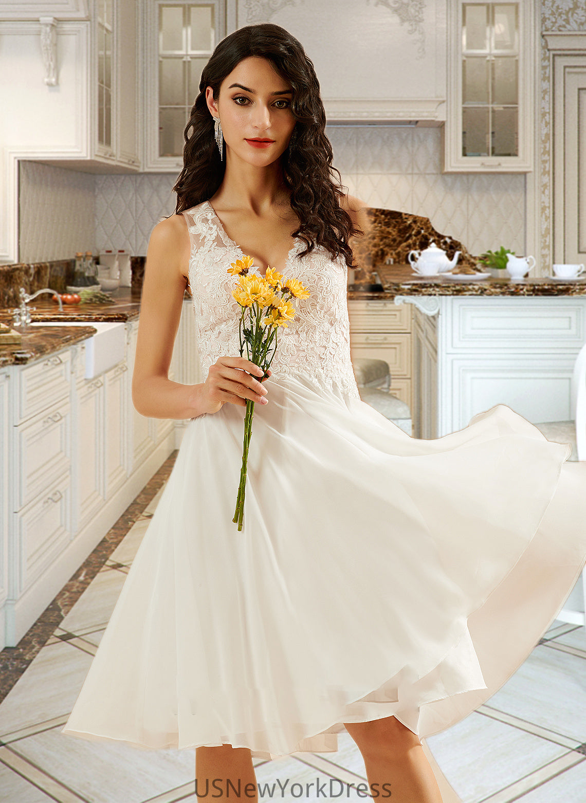 Ida A-Line V-neck Knee-Length Wedding Dress With Lace Sequins DJP0013703