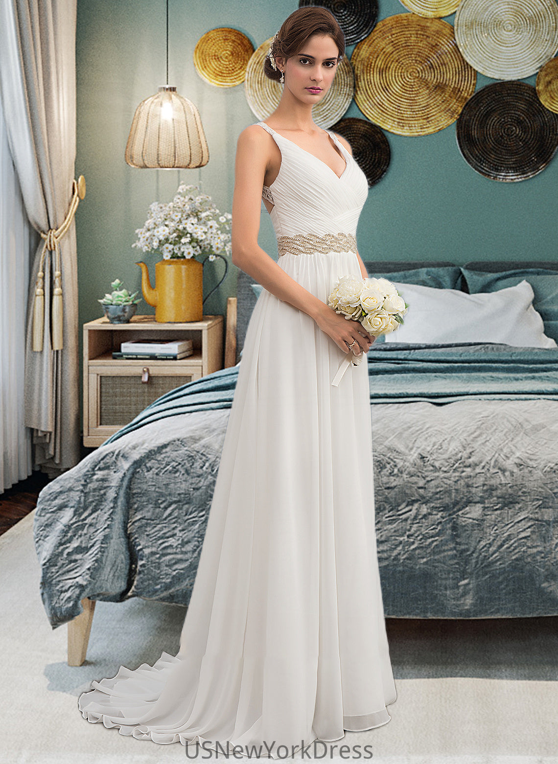 Hilda A-Line V-neck Sweep Train Chiffon Wedding Dress With Ruffle Lace Beading Sequins DJP0013705