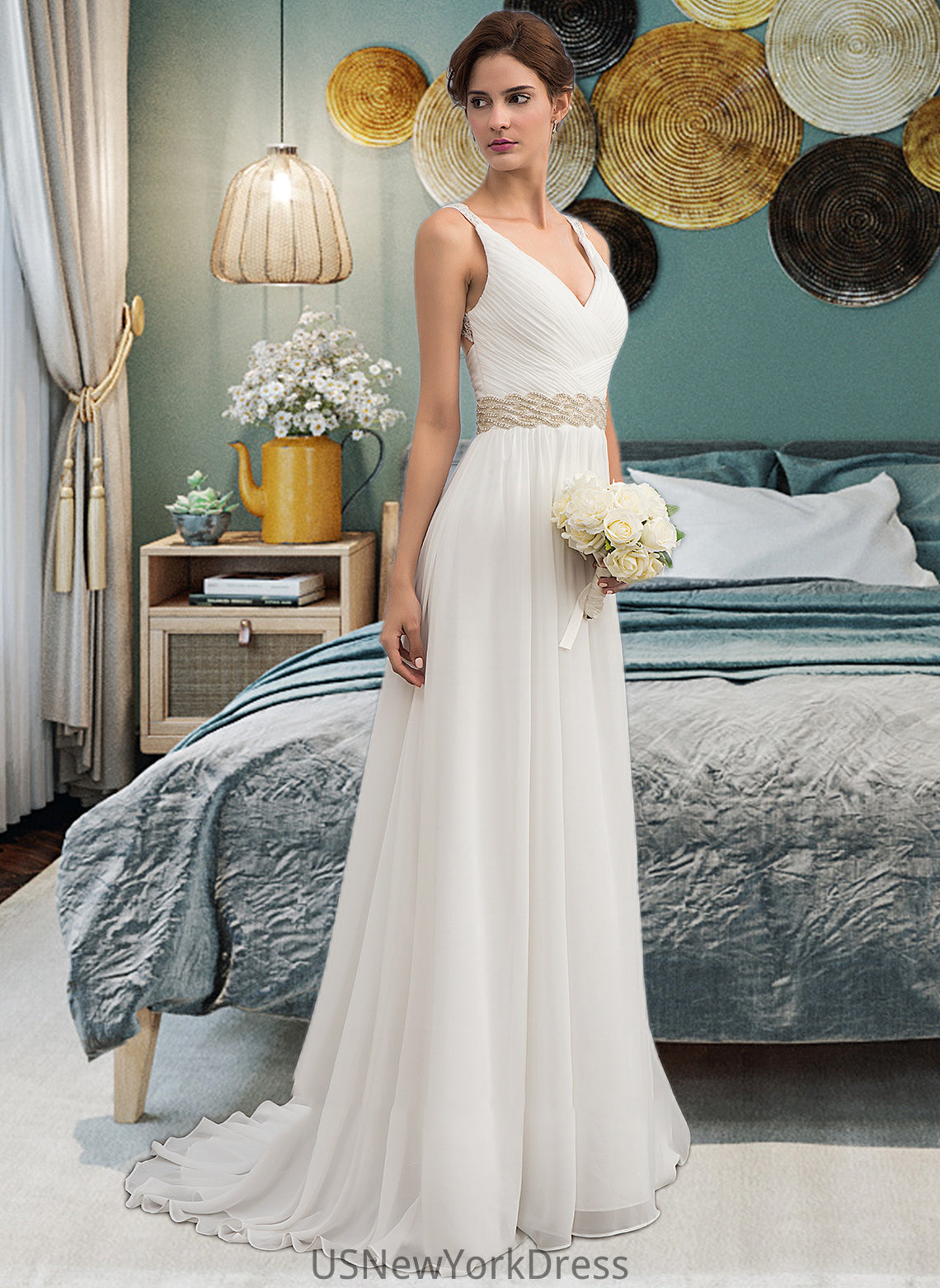 Hilda A-Line V-neck Sweep Train Chiffon Wedding Dress With Ruffle Lace Beading Sequins DJP0013705