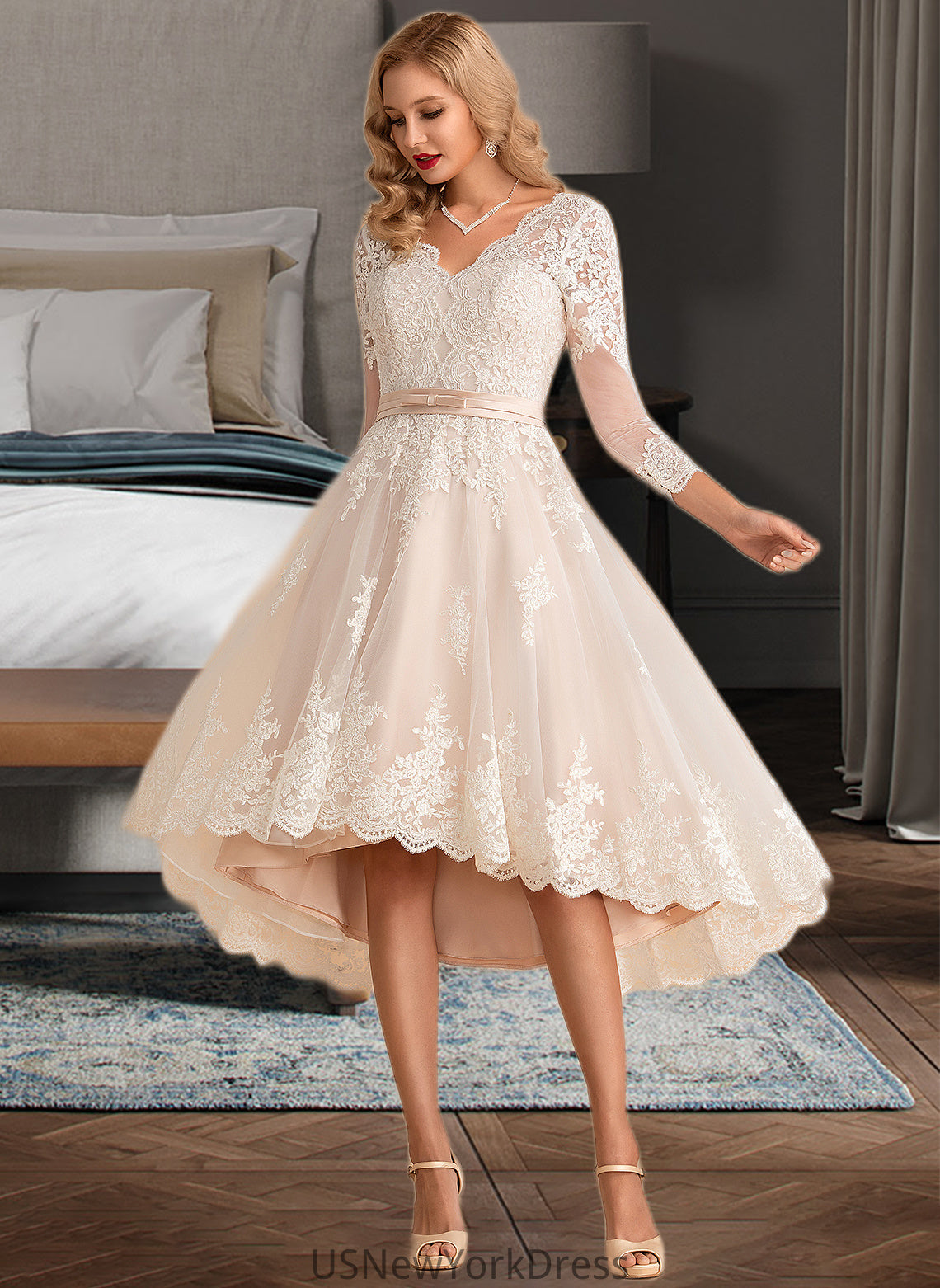 Val A-Line V-neck Asymmetrical Satin Tulle Lace Wedding Dress DJP0013706