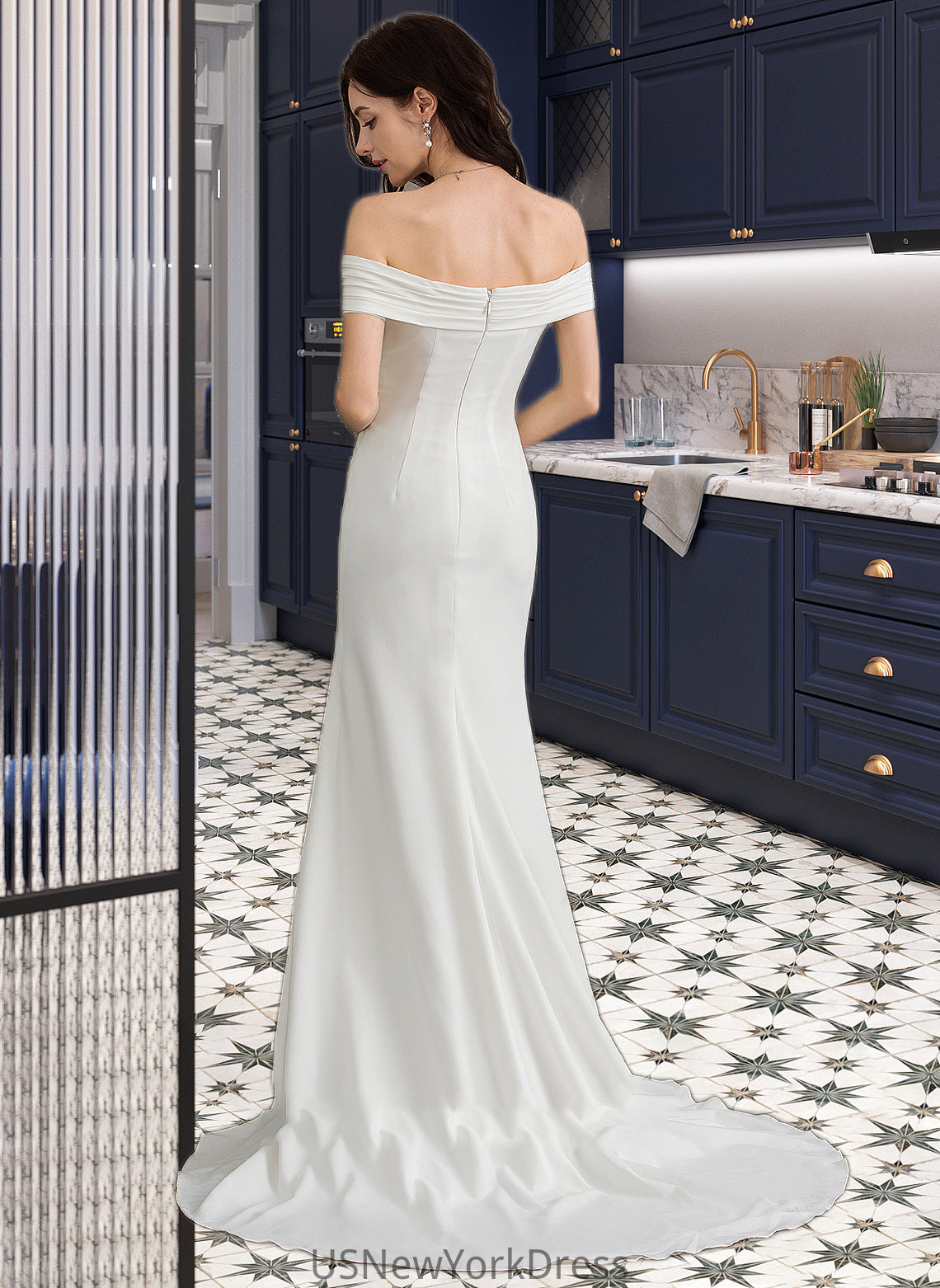 Jada Sheath/Column Off-the-Shoulder Sweep Train Stretch Crepe Wedding Dress With Ruffle Split Front DJP0013707