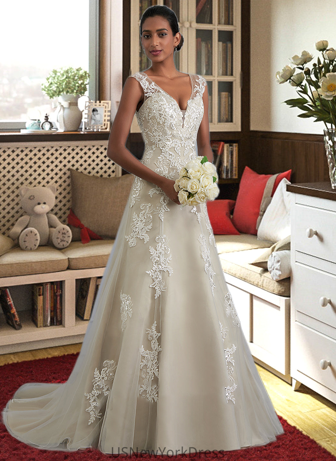 Moriah A-Line V-neck Court Train Tulle Lace Wedding Dress With Beading Sequins DJP0013709