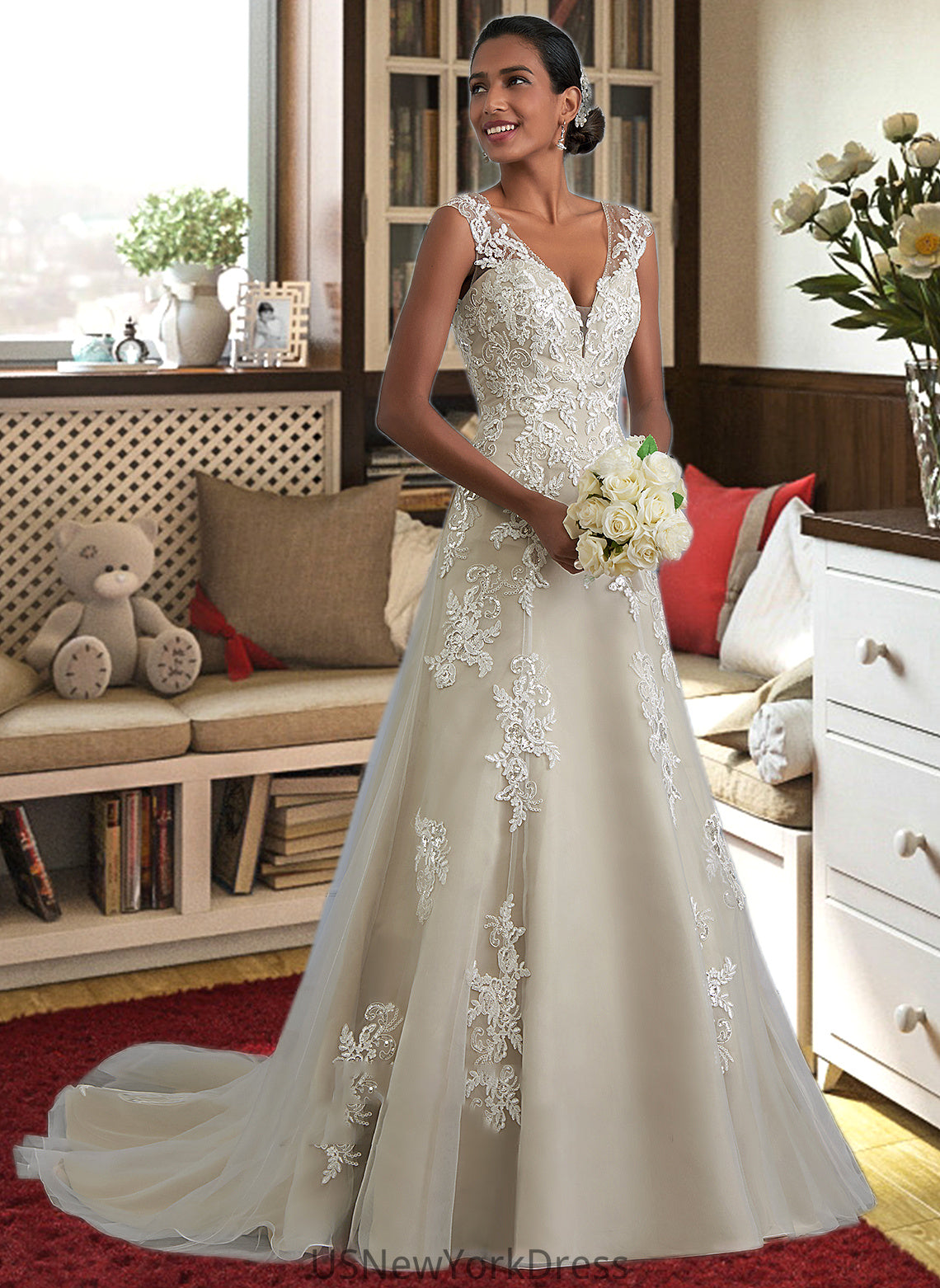 Moriah A-Line V-neck Court Train Tulle Lace Wedding Dress With Beading Sequins DJP0013709