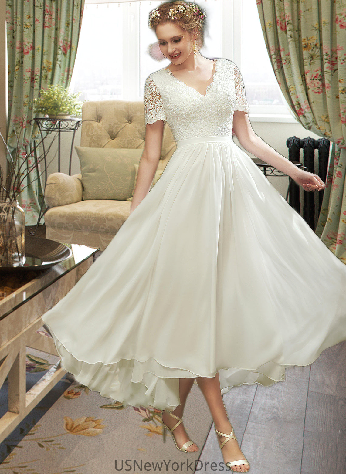 Mimi A-Line V-neck Asymmetrical Wedding Dress With Lace DJP0013712