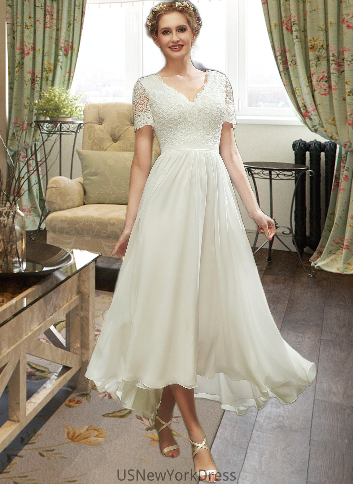 Mimi A-Line V-neck Asymmetrical Wedding Dress With Lace DJP0013712