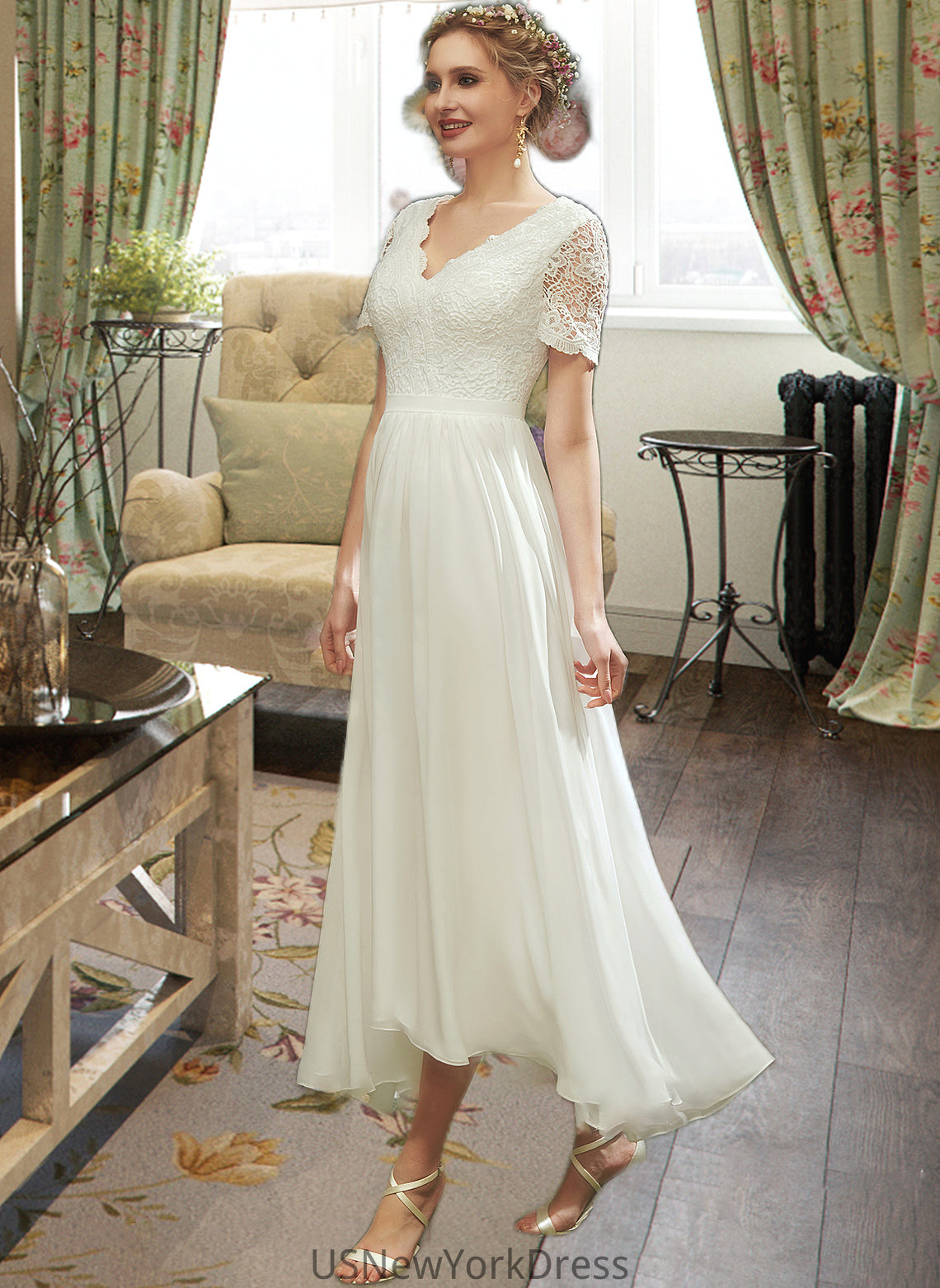 Mimi A-Line V-neck Asymmetrical Wedding Dress With Lace DJP0013712