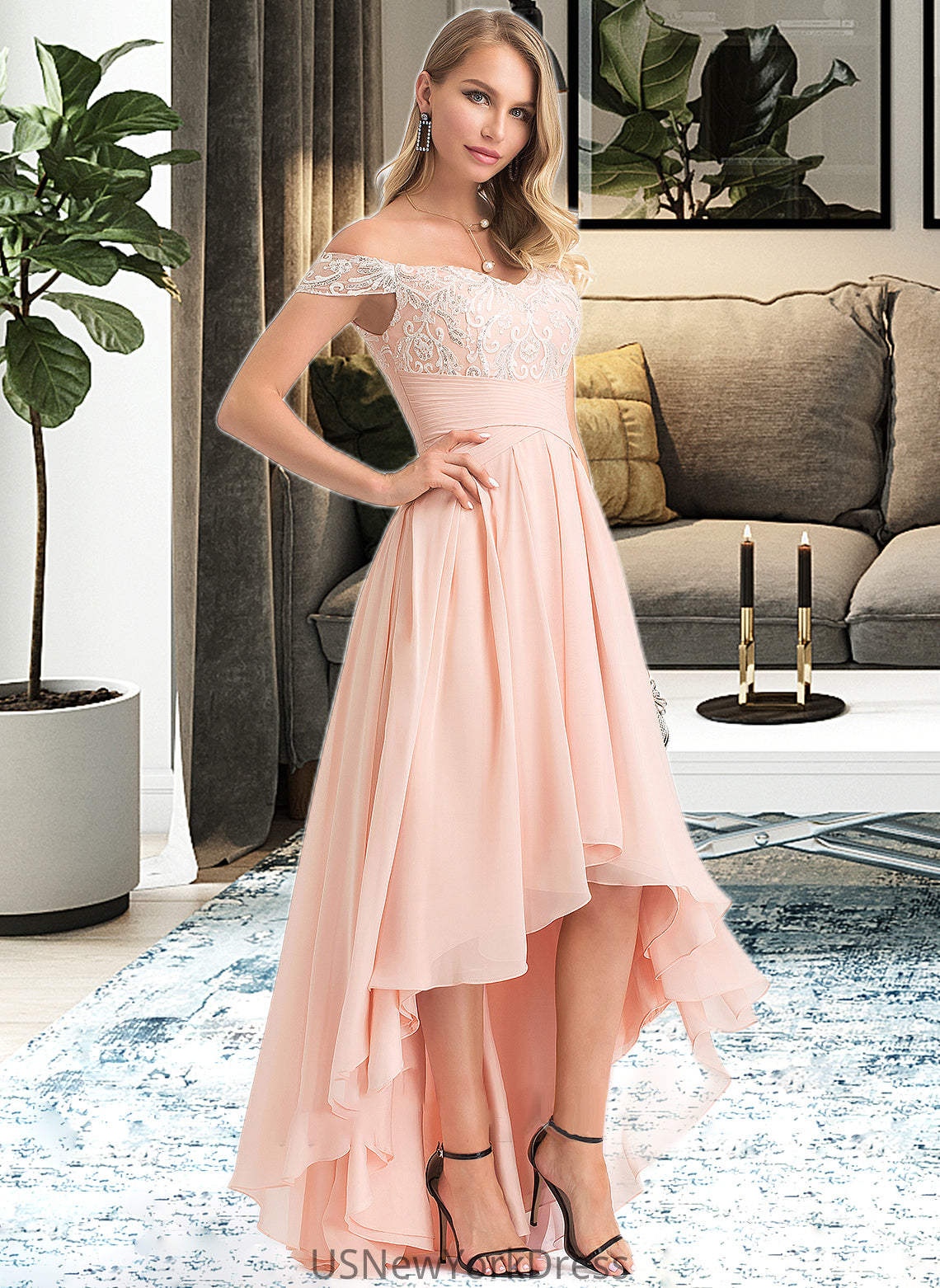 Aubrey A-Line Off-the-Shoulder Asymmetrical Chiffon Wedding Dress With Sequins DJP0013713