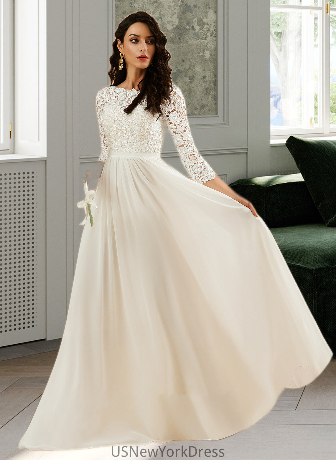 Natalia A-Line Sweep Train Wedding Dress With Lace DJP0013715