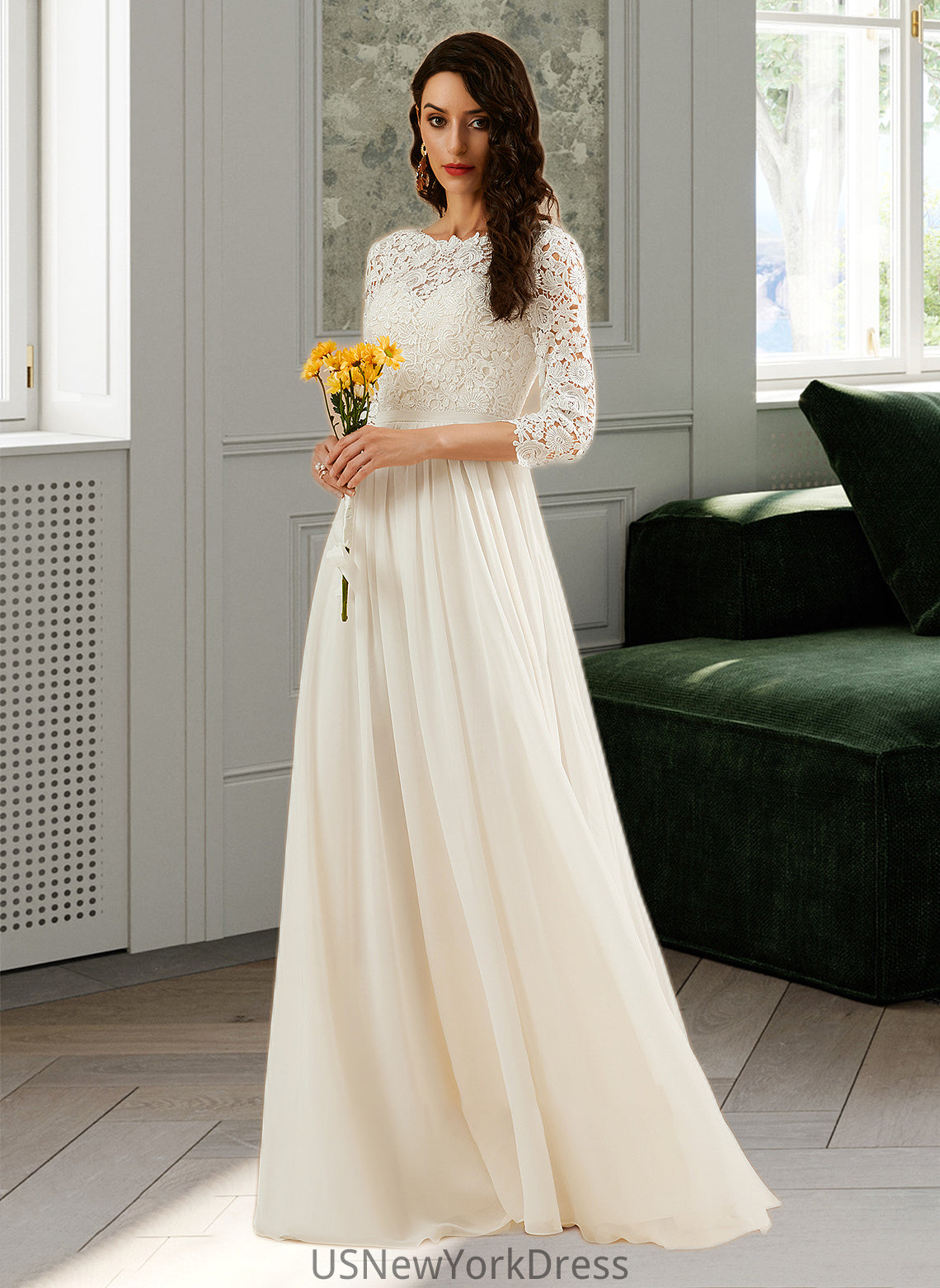 Natalia A-Line Sweep Train Wedding Dress With Lace DJP0013715