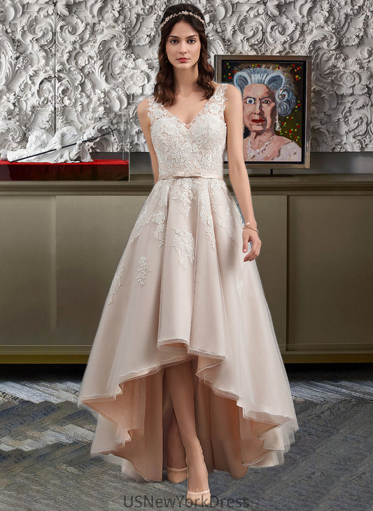 Kaylie A-Line V-neck Asymmetrical Tulle Lace Wedding Dress With Bow(s) DJP0013717