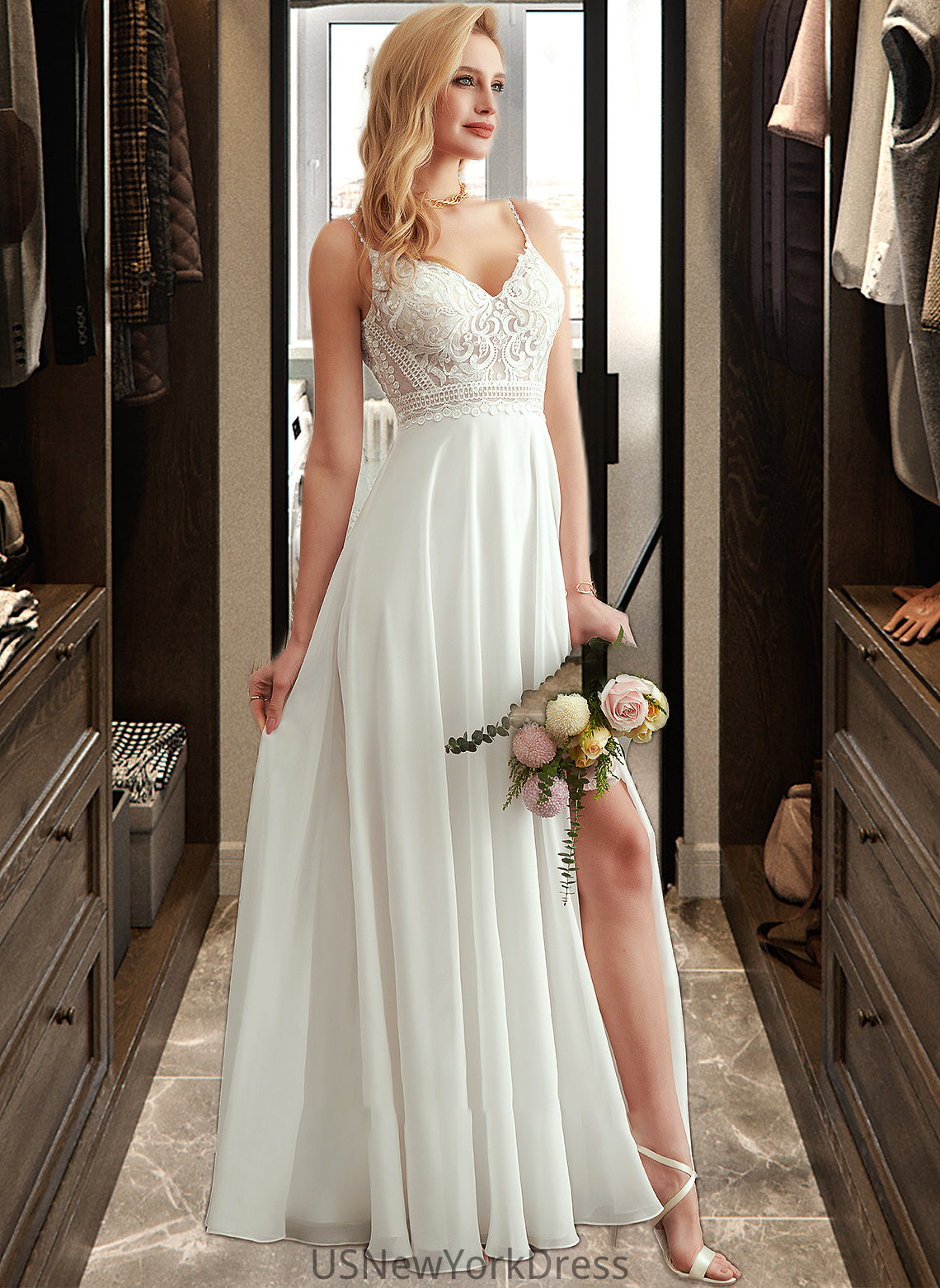 Kay A-Line V-neck Floor-Length Wedding Dress With Split Front DJP0013721