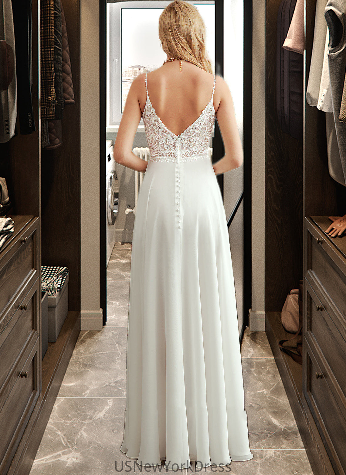 Kay A-Line V-neck Floor-Length Wedding Dress With Split Front DJP0013721