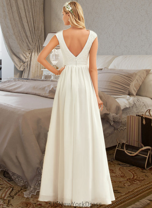 Makenna A-Line V-neck Floor-Length Chiffon Lace Wedding Dress DJP0013722