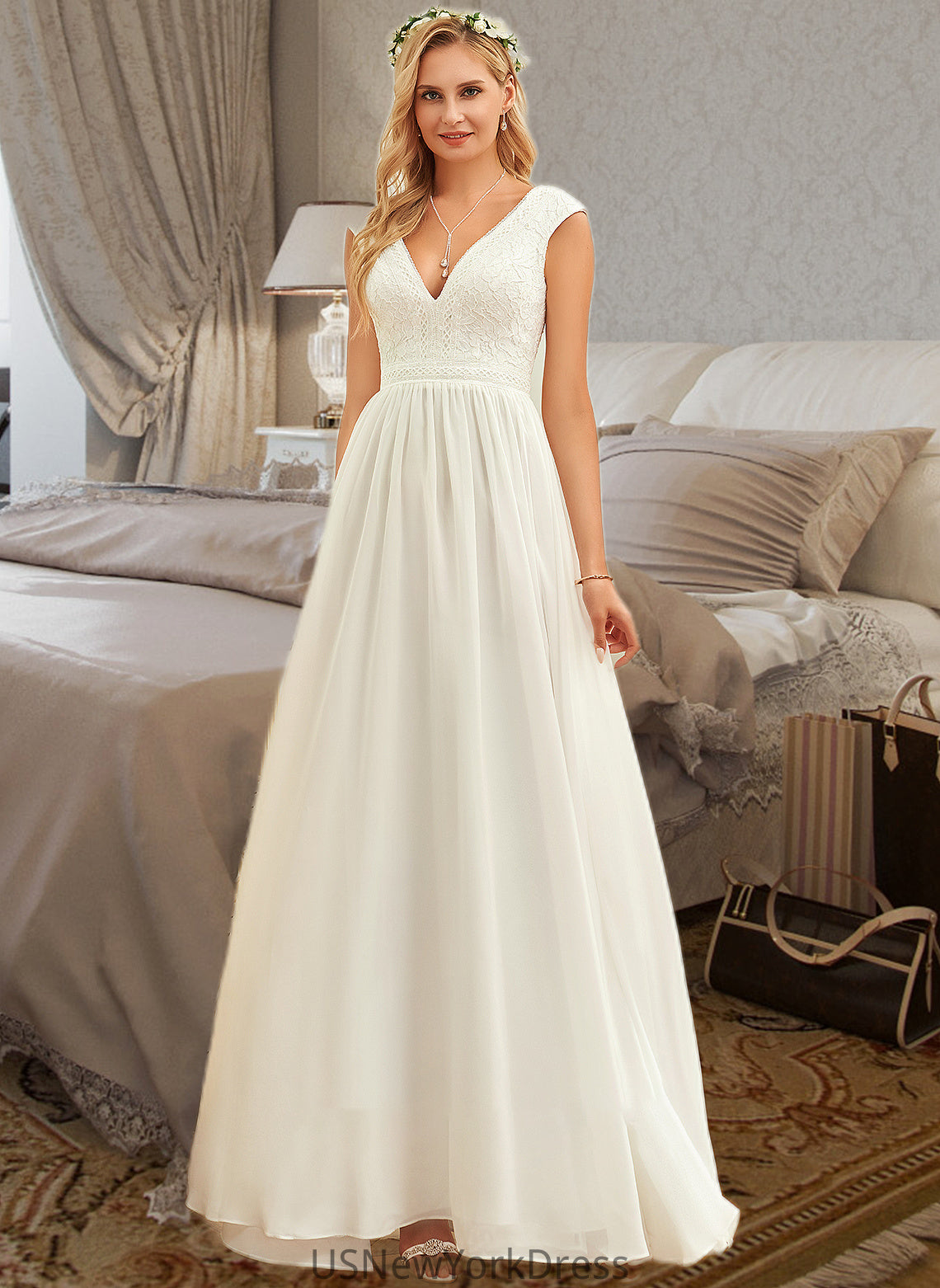 Makenna A-Line V-neck Floor-Length Chiffon Lace Wedding Dress DJP0013722