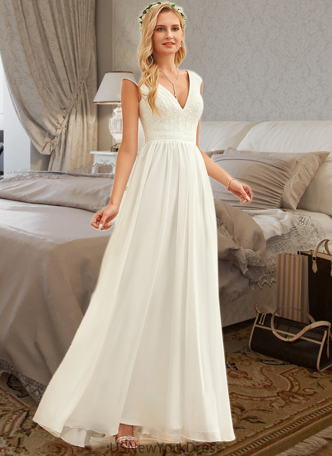 Makenna A-Line V-neck Floor-Length Chiffon Lace Wedding Dress DJP0013722