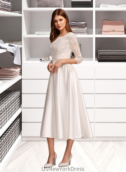 Jeanie A-Line Scoop Neck Tea-Length Wedding Dress With Pockets DJP0013723