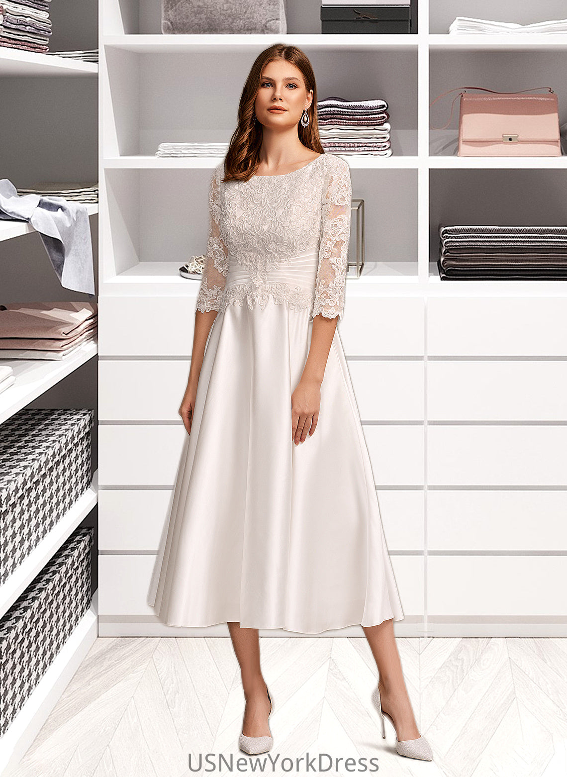 Jeanie A-Line Scoop Neck Tea-Length Wedding Dress With Pockets DJP0013723