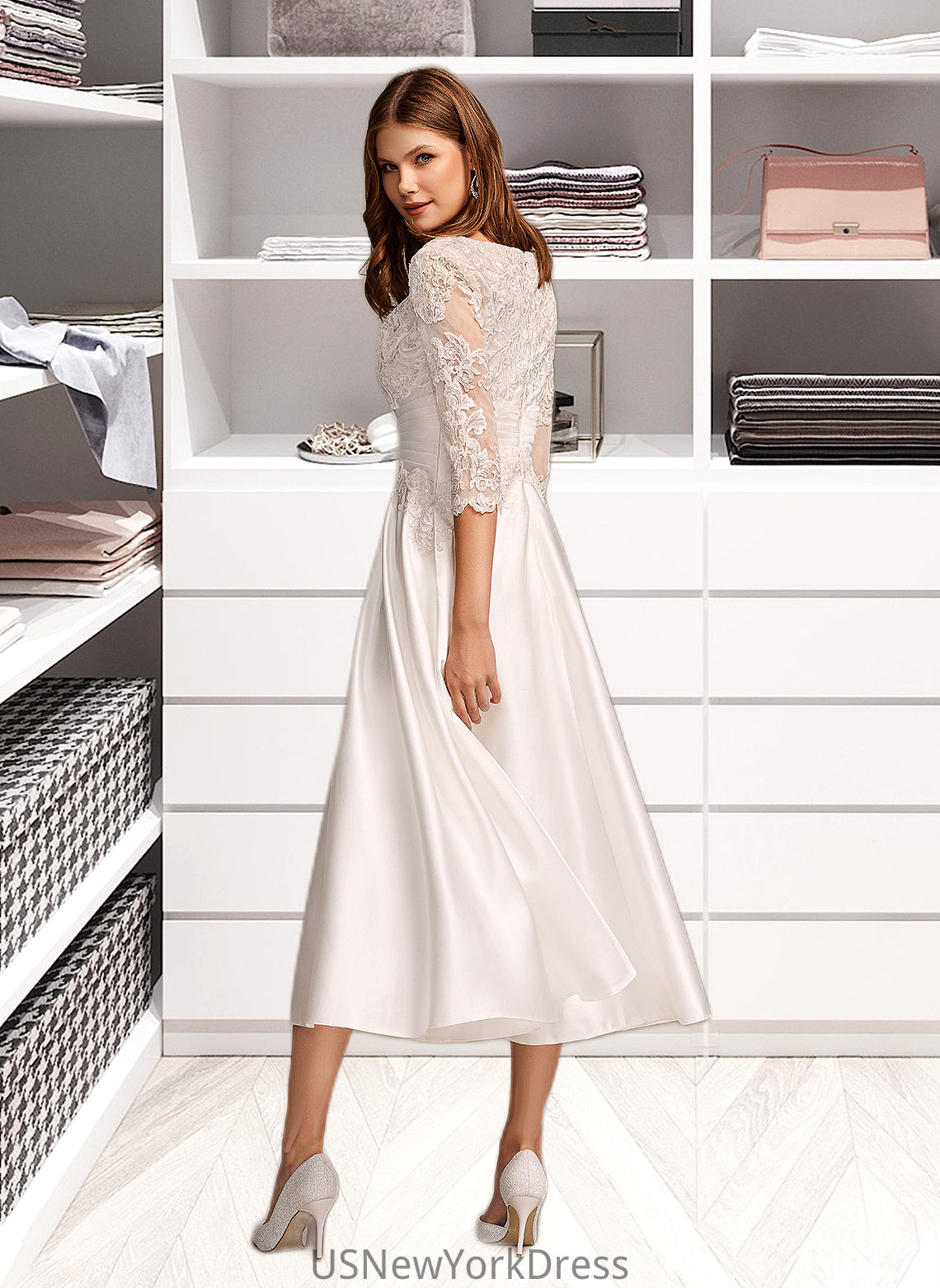 Jeanie A-Line Scoop Neck Tea-Length Wedding Dress With Pockets DJP0013723