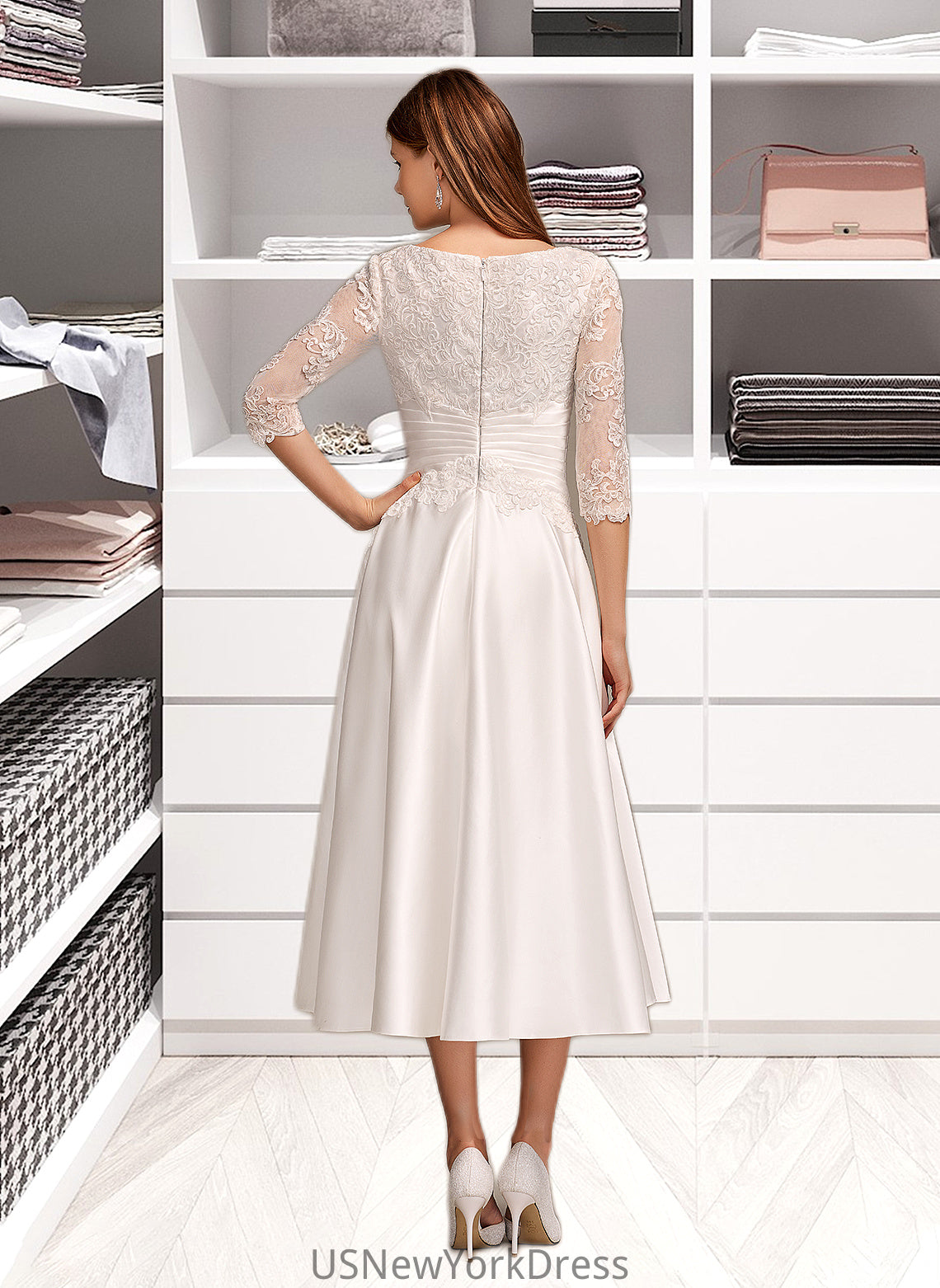 Jeanie A-Line Scoop Neck Tea-Length Wedding Dress With Pockets DJP0013723