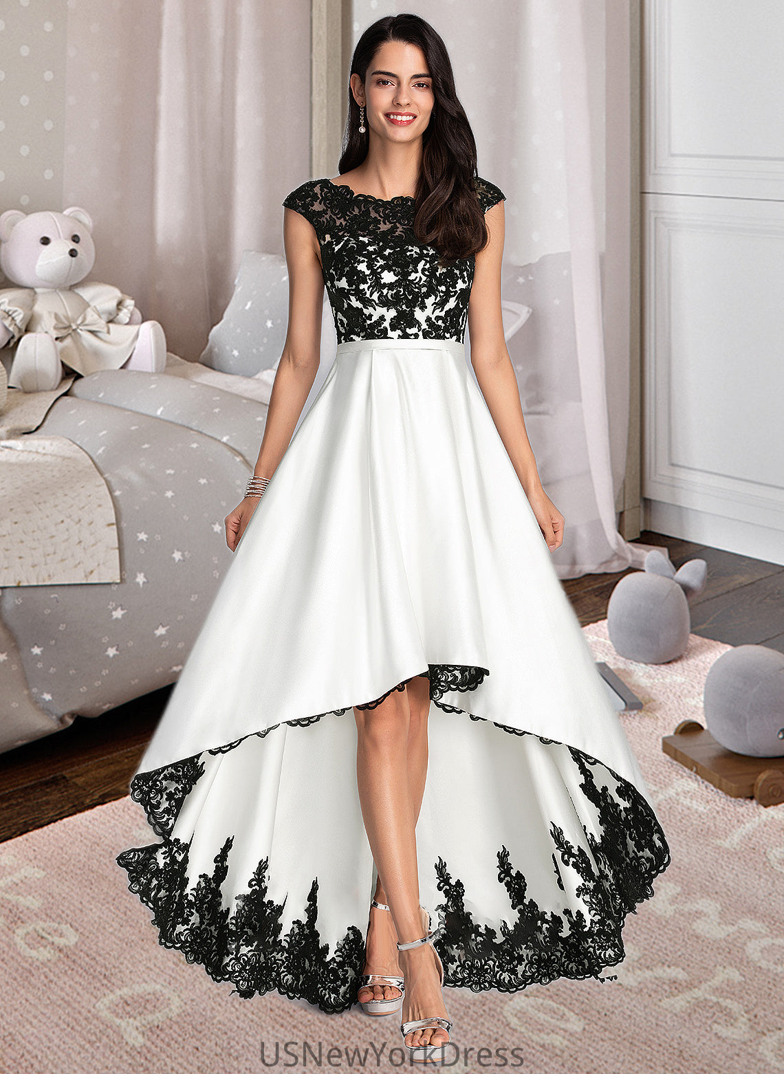 Lyla Ball-Gown/Princess Scoop Neck Asymmetrical Satin Wedding Dress DJP0013728