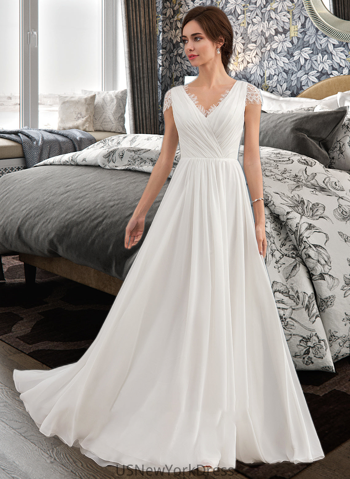 Danica A-Line V-neck Floor-Length Chiffon Lace Wedding Dress With Ruffle DJP0013729