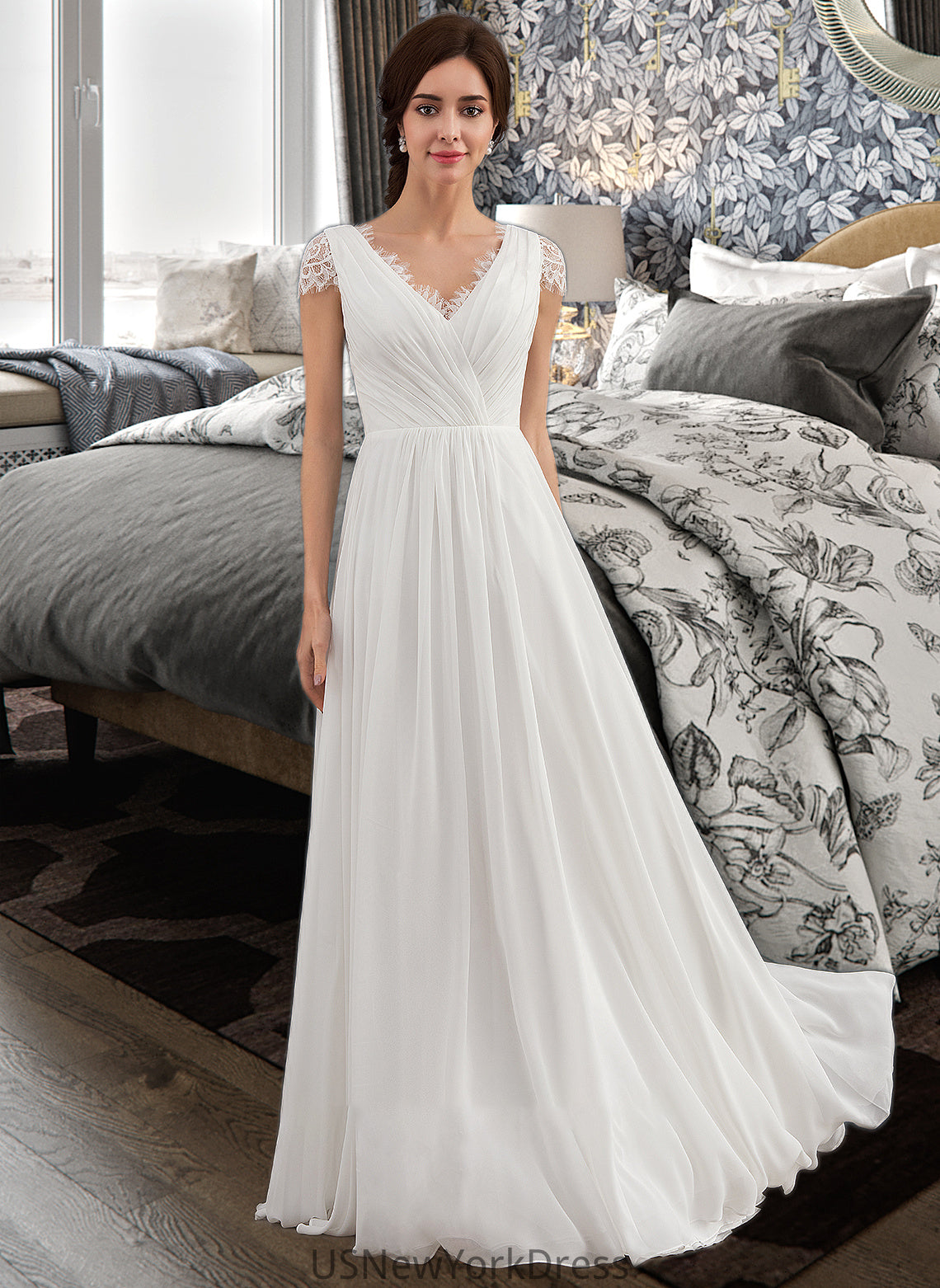 Danica A-Line V-neck Floor-Length Chiffon Lace Wedding Dress With Ruffle DJP0013729