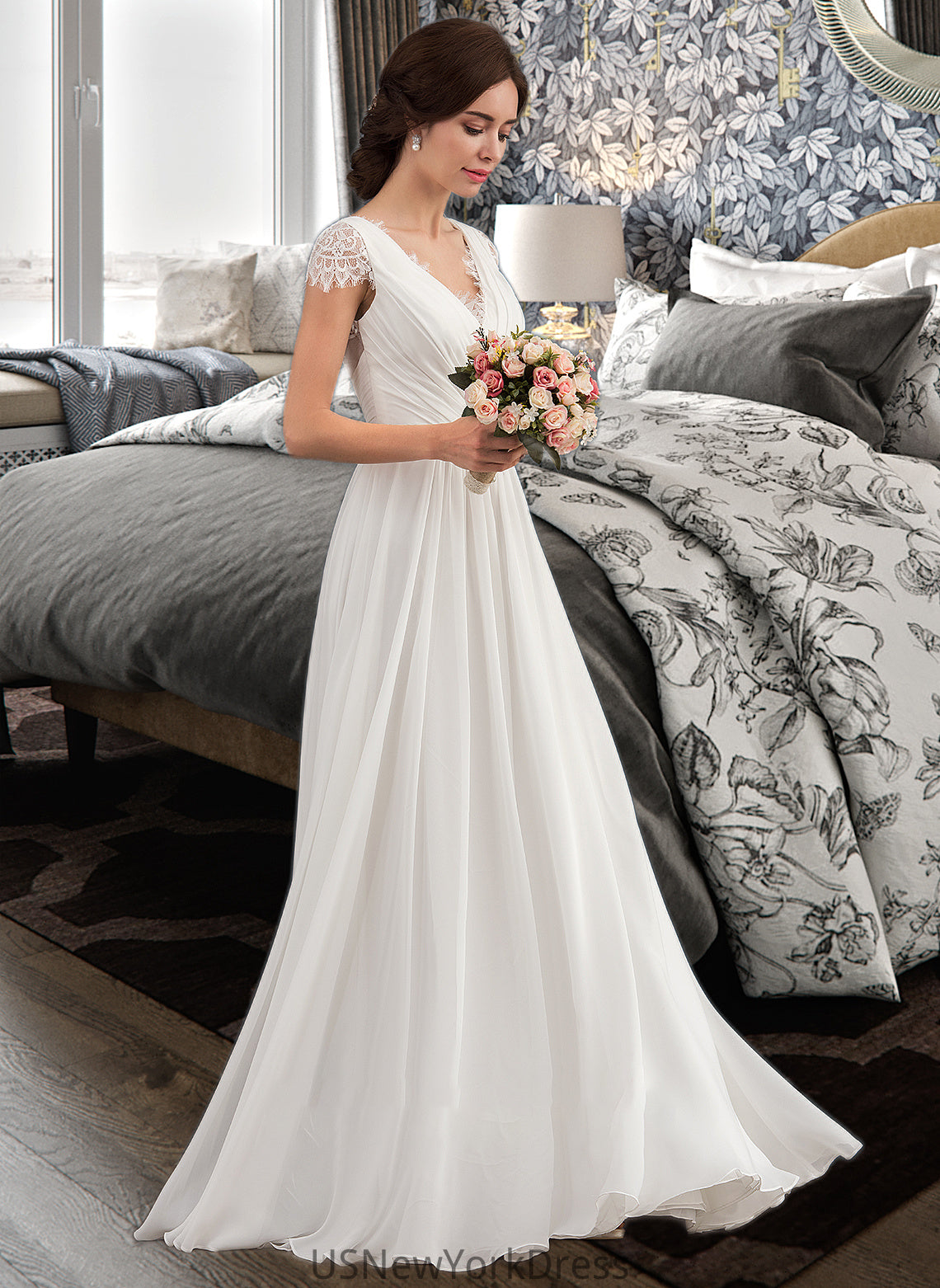 Danica A-Line V-neck Floor-Length Chiffon Lace Wedding Dress With Ruffle DJP0013729