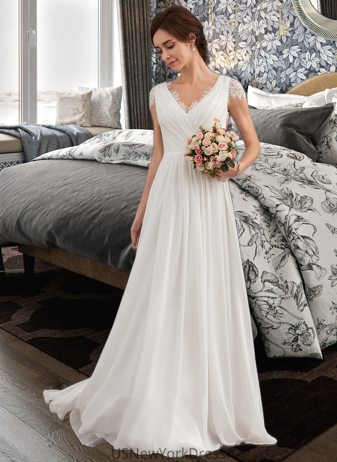 Danica A-Line V-neck Floor-Length Chiffon Lace Wedding Dress With Ruffle DJP0013729