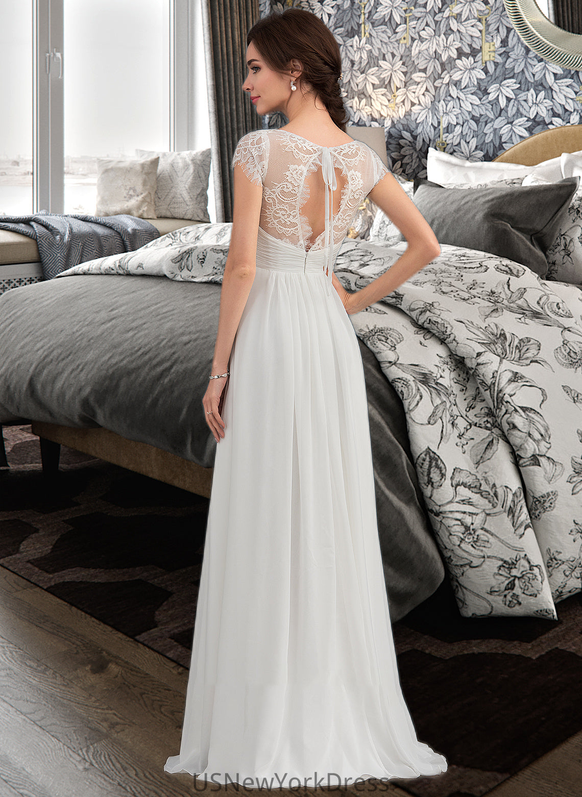 Danica A-Line V-neck Floor-Length Chiffon Lace Wedding Dress With Ruffle DJP0013729