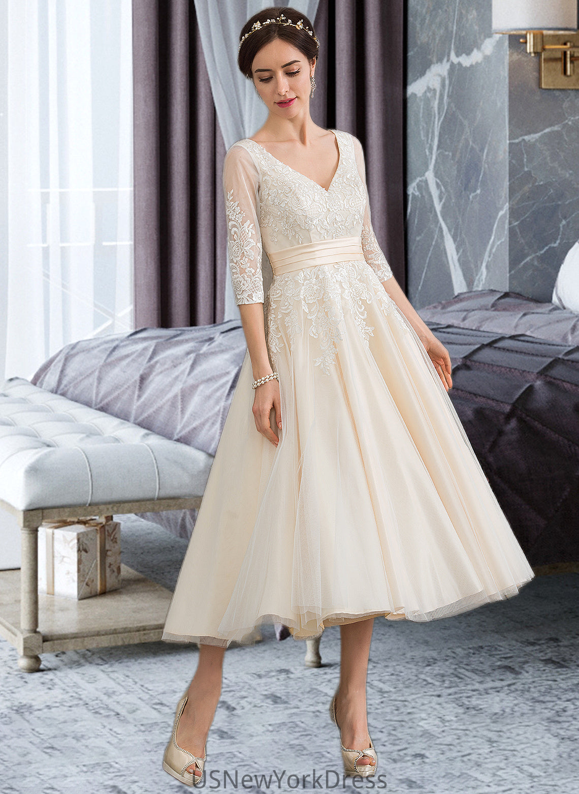 Norah Ball-Gown/Princess V-neck Tea-Length Tulle Wedding Dress DJP0013731