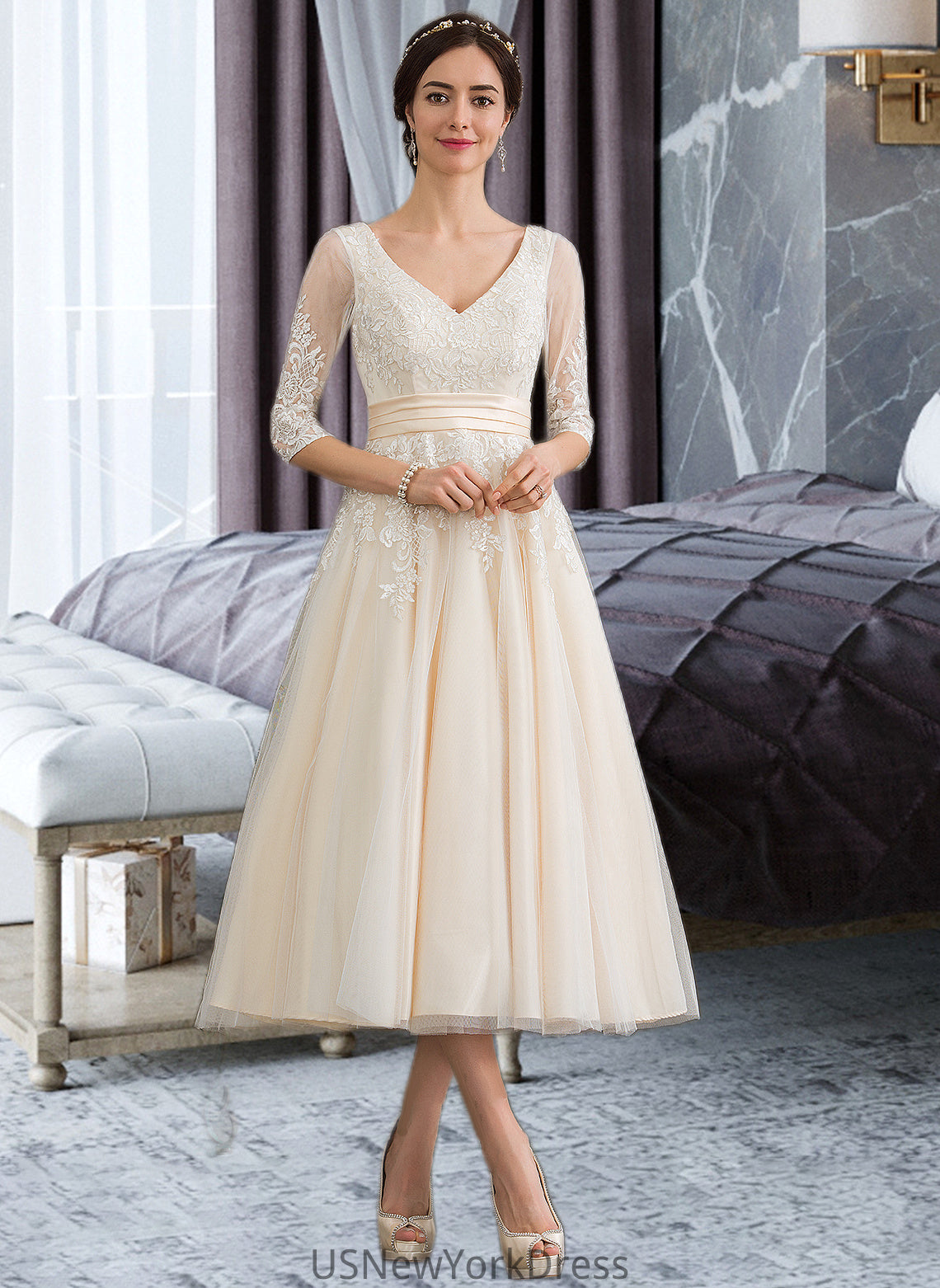 Norah Ball-Gown/Princess V-neck Tea-Length Tulle Wedding Dress DJP0013731