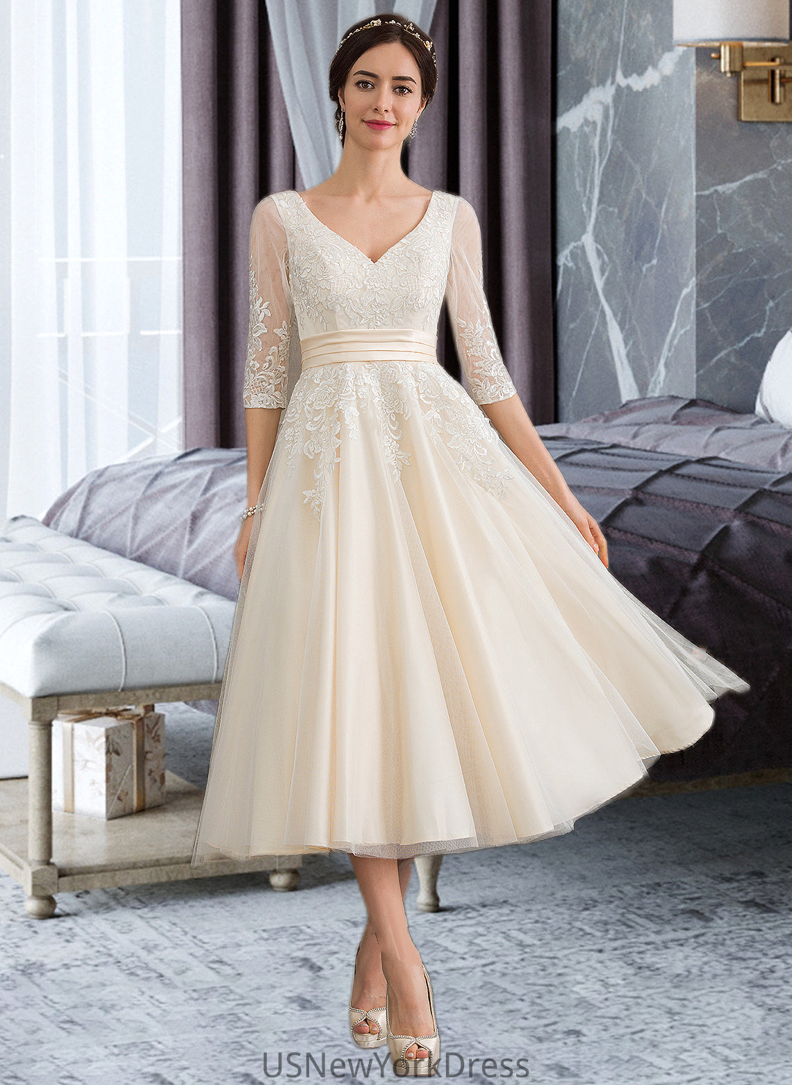 Norah Ball-Gown/Princess V-neck Tea-Length Tulle Wedding Dress DJP0013731