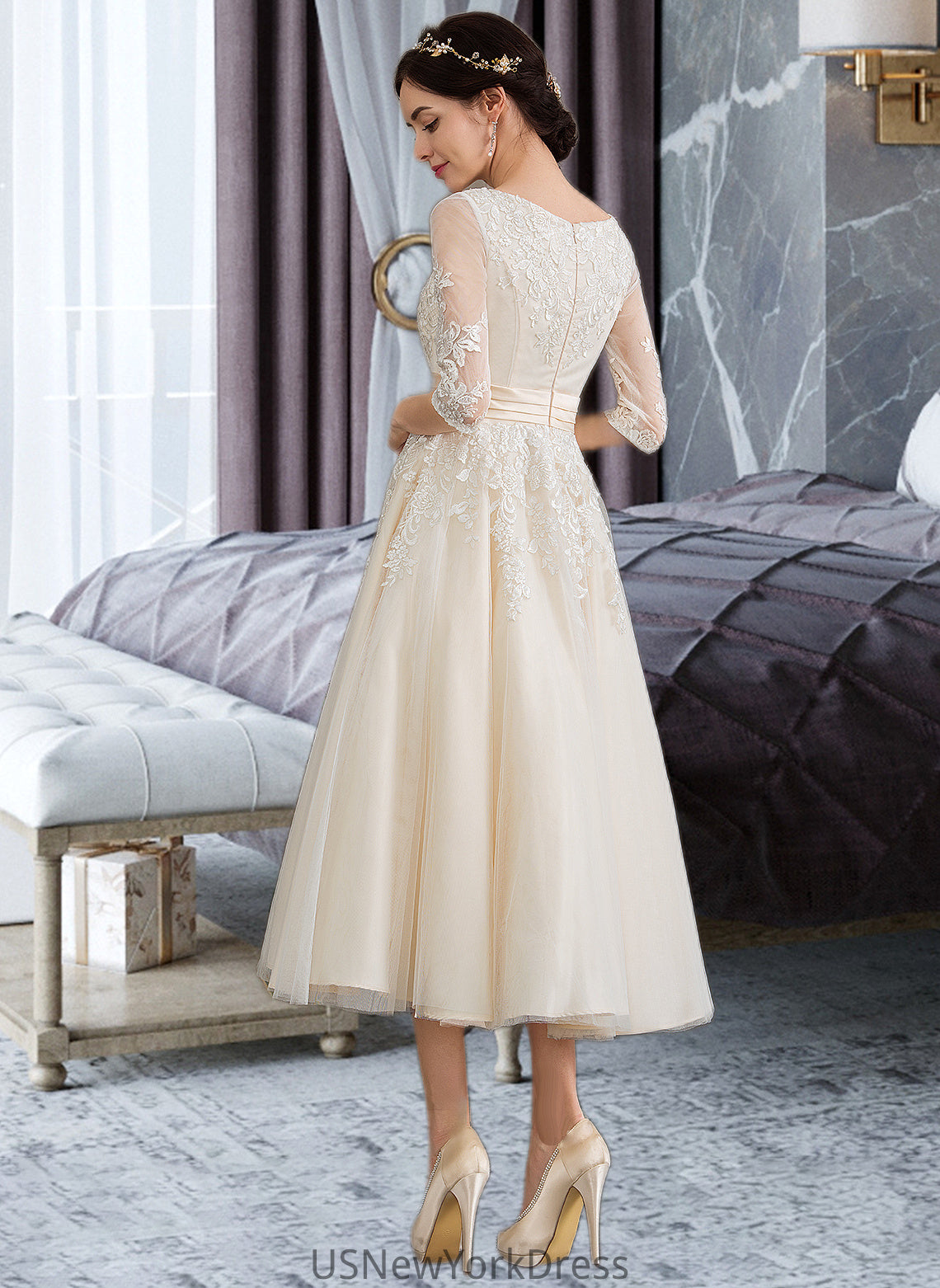 Norah Ball-Gown/Princess V-neck Tea-Length Tulle Wedding Dress DJP0013731