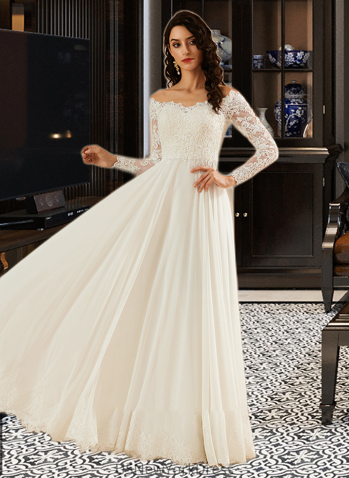 Gloria A-Line Off-the-Shoulder Sweep Train Wedding Dress With Lace DJP0013734