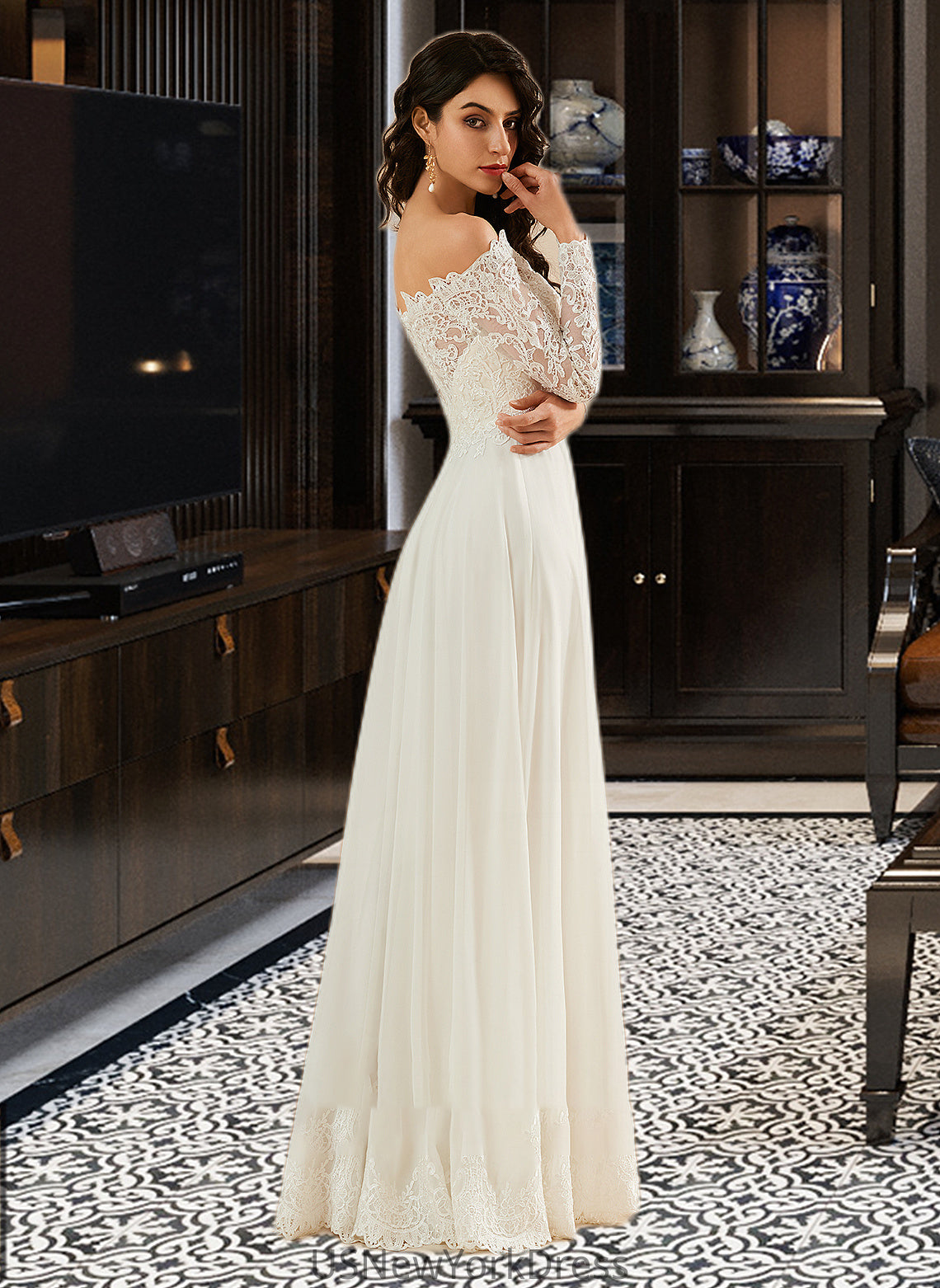 Gloria A-Line Off-the-Shoulder Sweep Train Wedding Dress With Lace DJP0013734