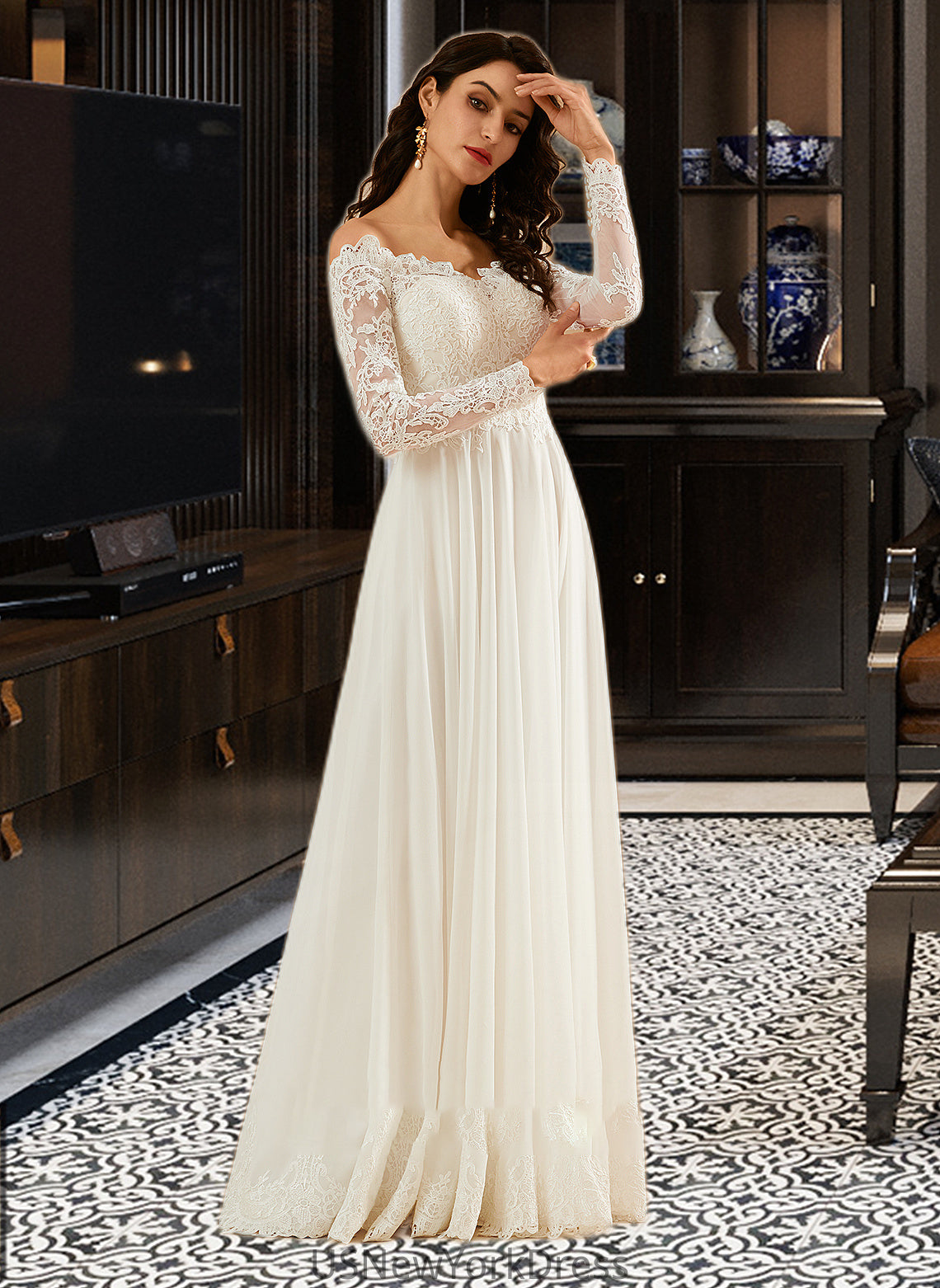 Gloria A-Line Off-the-Shoulder Sweep Train Wedding Dress With Lace DJP0013734