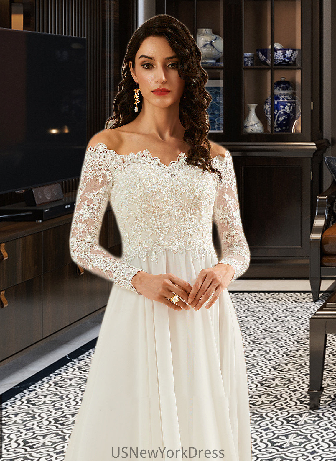 Gloria A-Line Off-the-Shoulder Sweep Train Wedding Dress With Lace DJP0013734