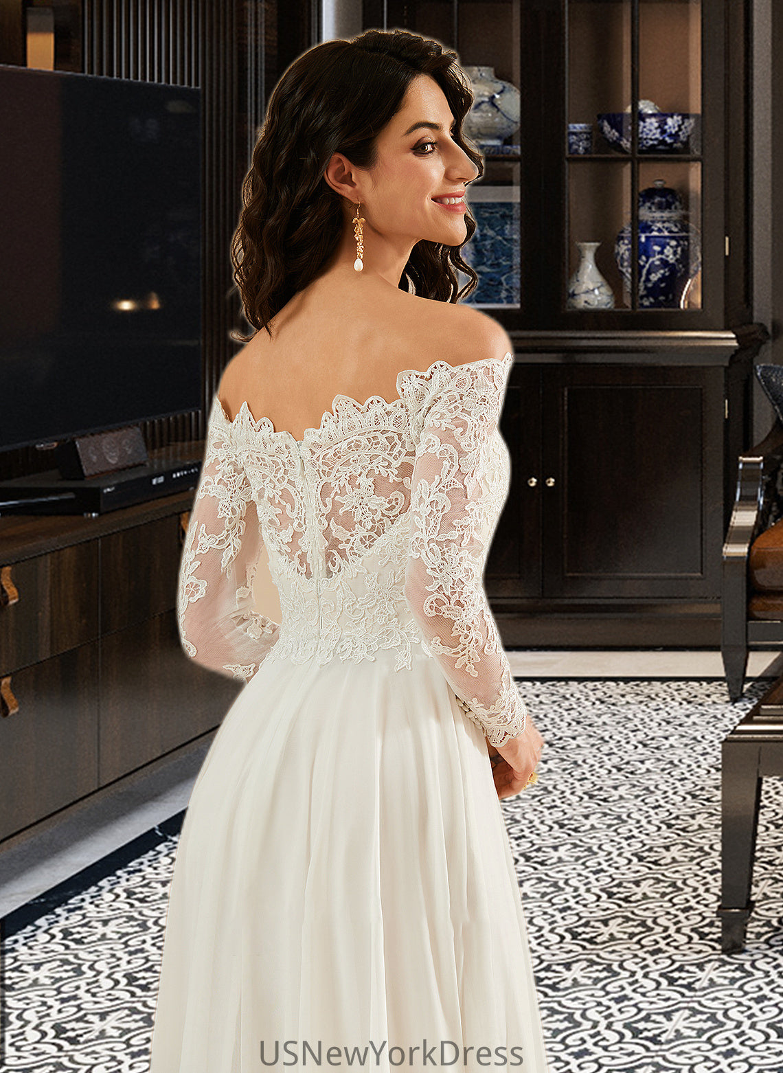 Gloria A-Line Off-the-Shoulder Sweep Train Wedding Dress With Lace DJP0013734