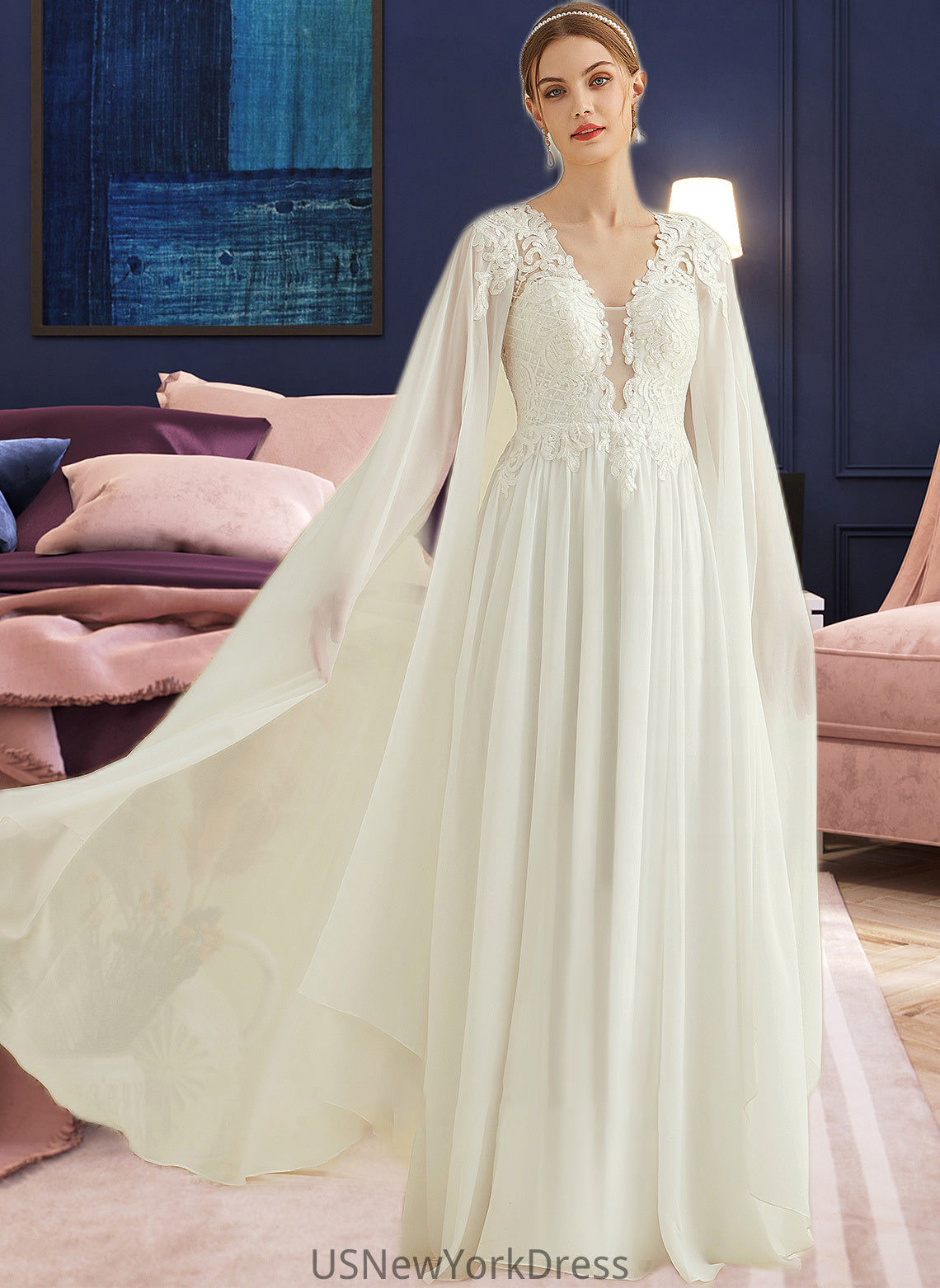 Lilian A-Line V-neck Floor-Length Chiffon Lace Wedding Dress With Sequins DJP0013736