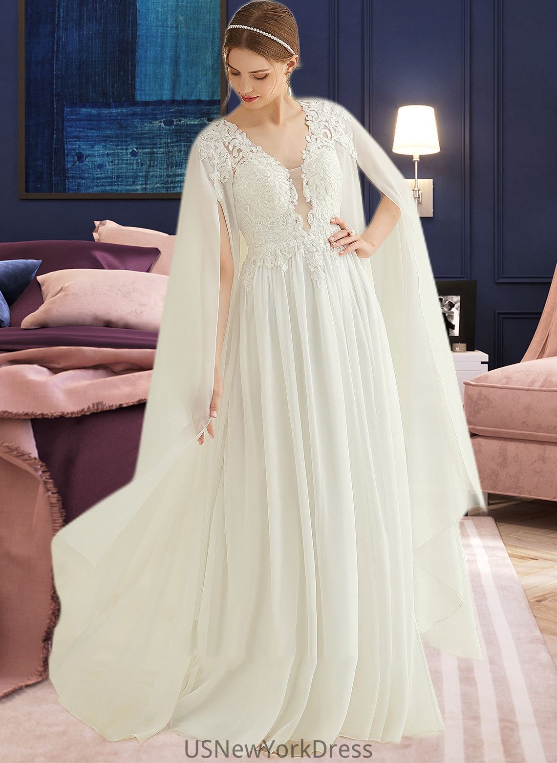 Lilian A-Line V-neck Floor-Length Chiffon Lace Wedding Dress With Sequins DJP0013736