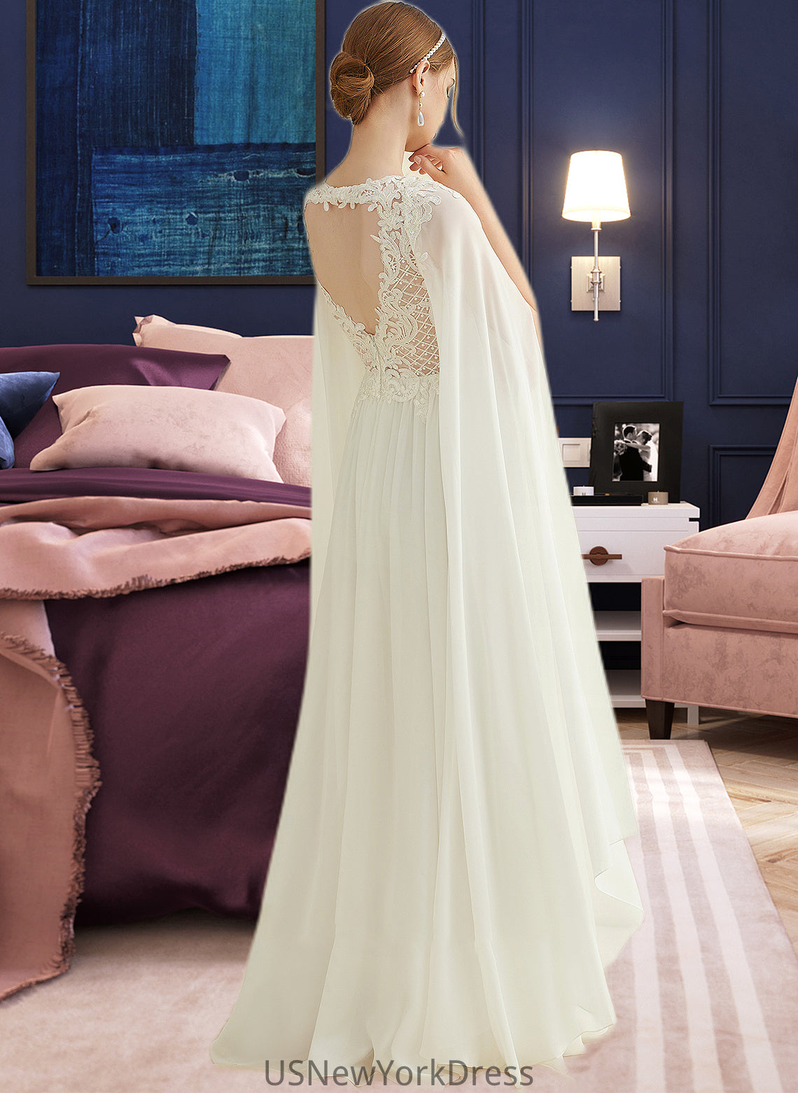 Lilian A-Line V-neck Floor-Length Chiffon Lace Wedding Dress With Sequins DJP0013736