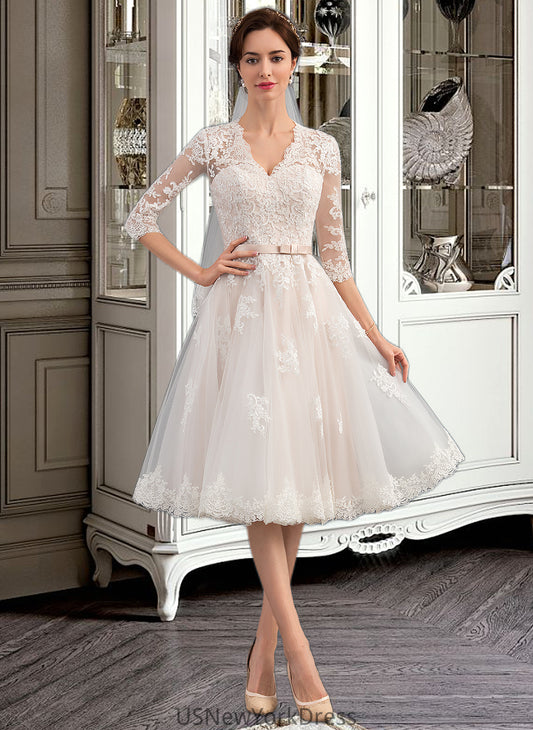 Cindy A-Line V-neck Knee-Length Tulle Wedding Dress With Bow(s) DJP0013737