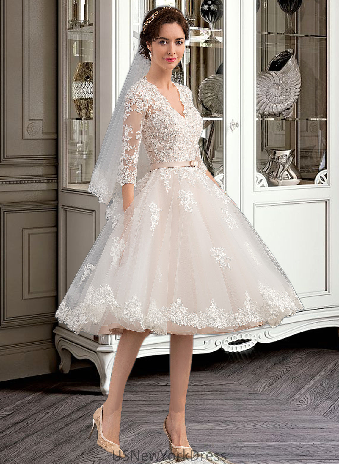 Cindy A-Line V-neck Knee-Length Tulle Wedding Dress With Bow(s) DJP0013737