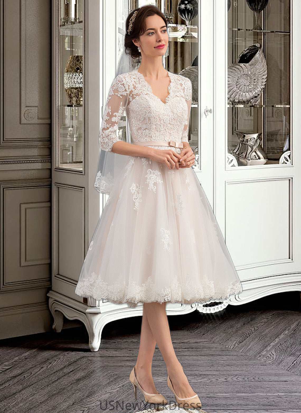 Cindy A-Line V-neck Knee-Length Tulle Wedding Dress With Bow(s) DJP0013737