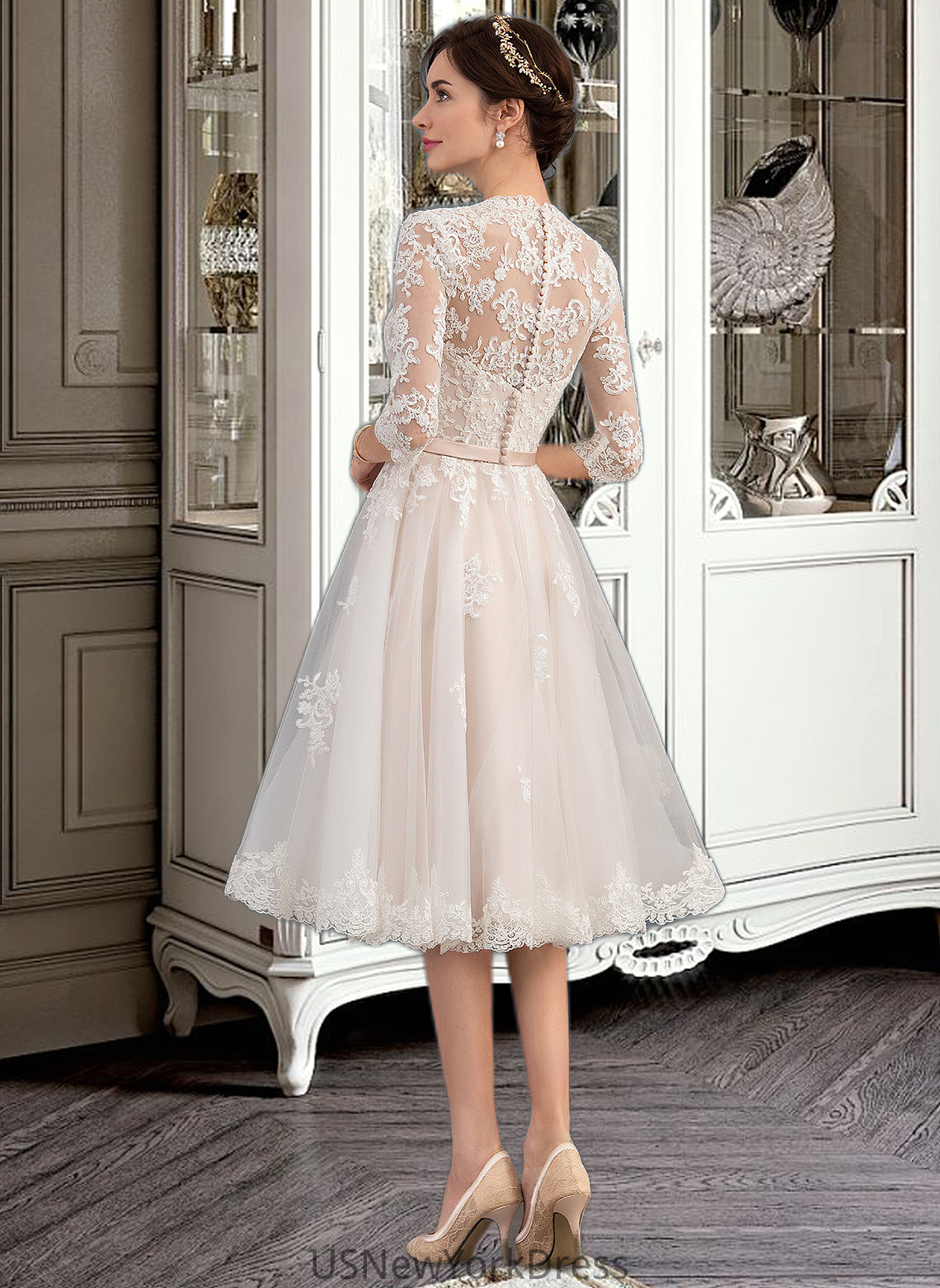 Cindy A-Line V-neck Knee-Length Tulle Wedding Dress With Bow(s) DJP0013737