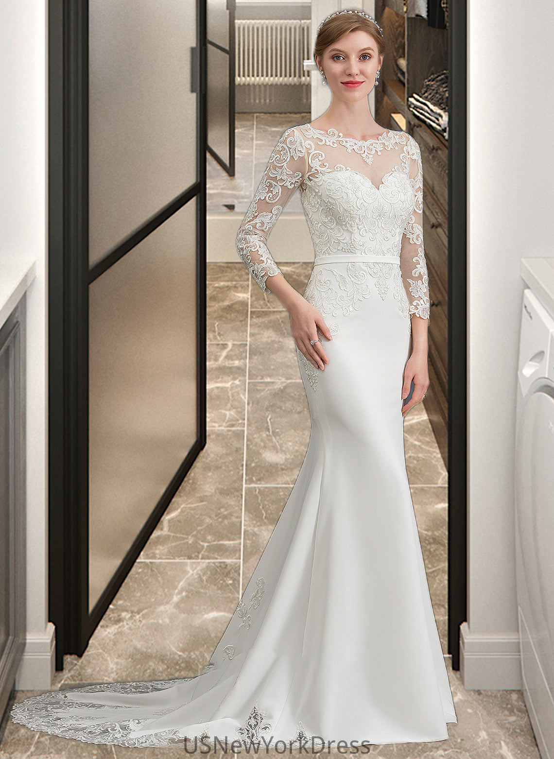 Jeanie Trumpet/Mermaid Illusion Chapel Train Stretch Crepe Wedding Dress With Lace DJP0013740