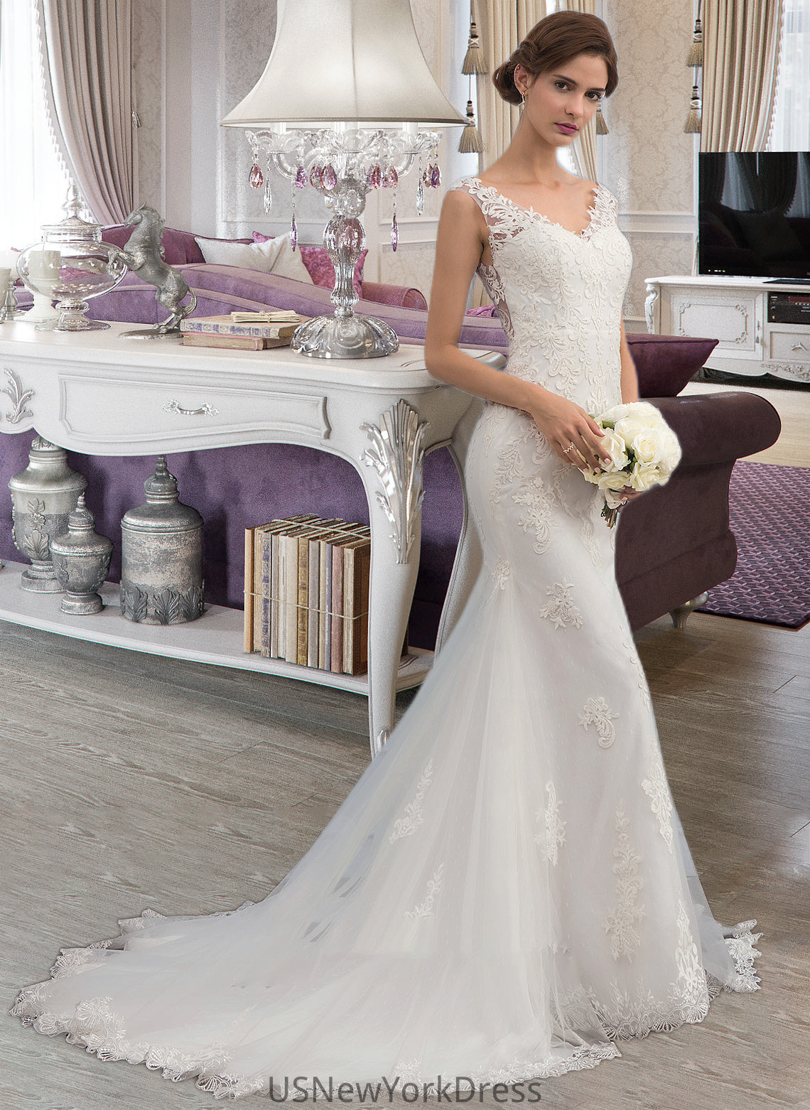 Piper Trumpet/Mermaid V-neck Court Train Tulle Wedding Dress DJP0013758