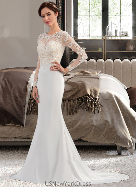 Sherry Trumpet/Mermaid Illusion Sweep Train Stretch Crepe Wedding Dress DJP0013767