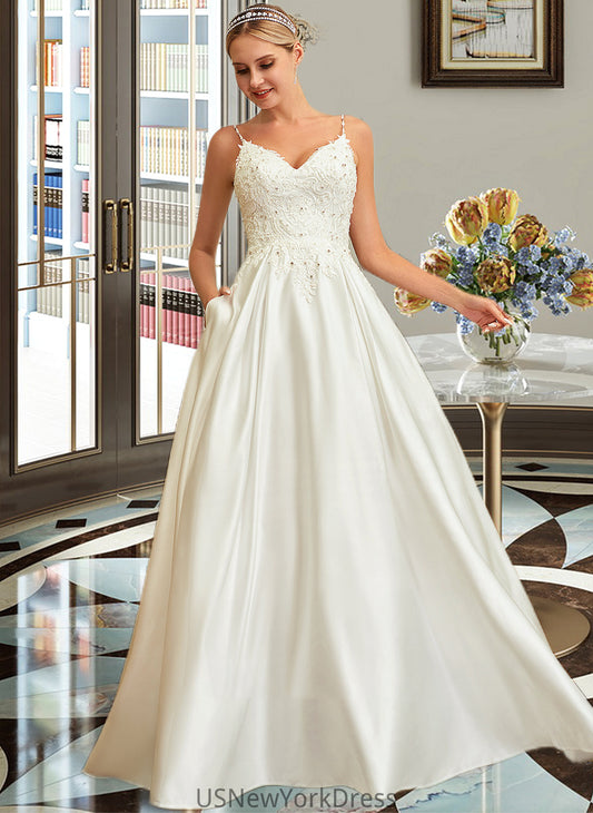 Gretchen Ball-Gown/Princess V-neck Sweep Train Satin Lace Wedding Dress With Lace Beading Sequins Pockets DJP0013771